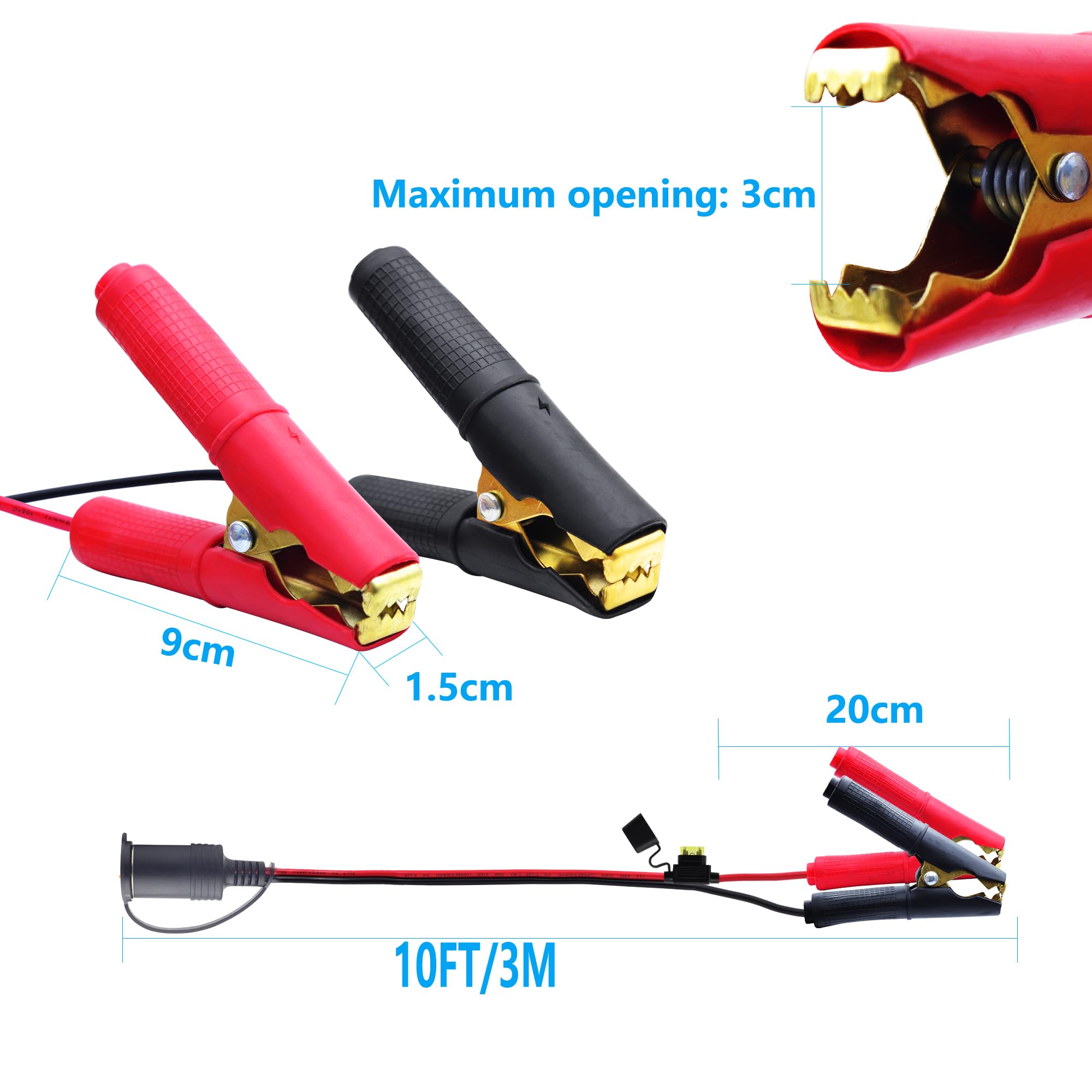 Câble de batterie à pince crocodile vers allume-cigare femelle avec fusible 20 A, 14 AWG 12 V-24 V, pinces crocodiles pour voiture, onduleur (3 m)