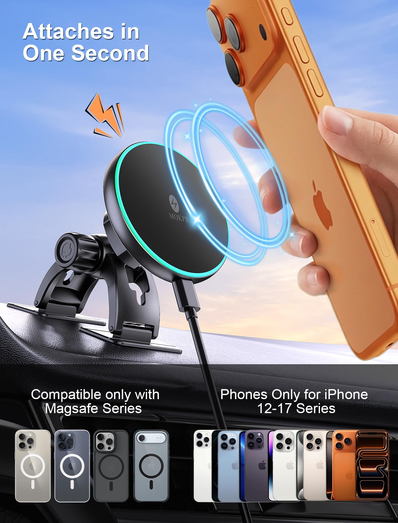 MOKPR for Magsafe Car Mount Charger, 15W for Magsafe Car Charger Charger Magnetic Car Phone Holder for Dashboard & Vent for iPhone 17 16 15 14 13 12 Series&MagSafe Case (Dark Black) - 2