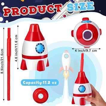 Tanlade Space Plastic Cup Bulk, Rocket Cup with Straw,12 Set