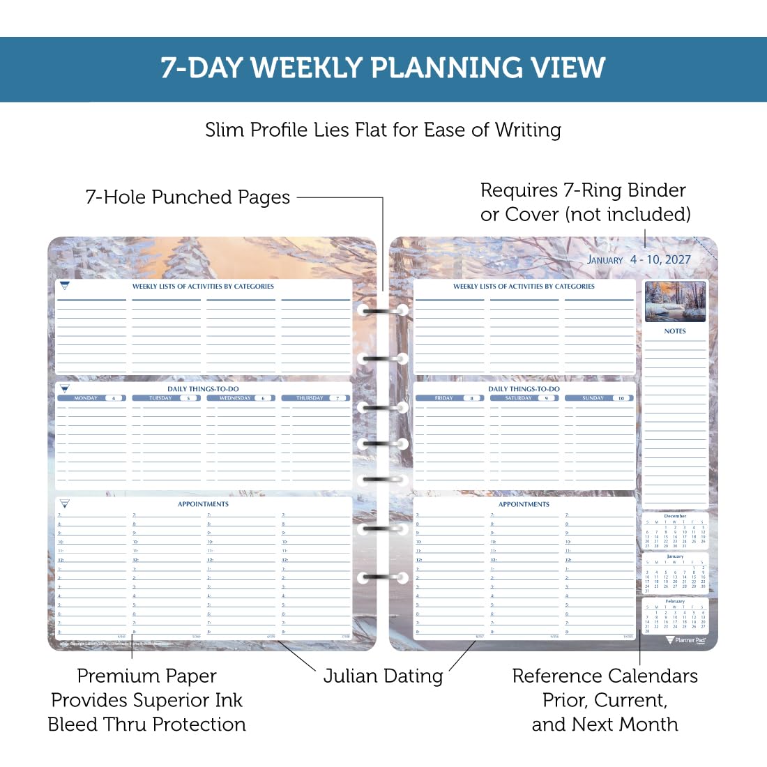 Planner Pad 7-Loch-lose Blätter, Januar-Dezember 2027, Kalenderjahr, 17,1 x 21,6 cm, mittelgroßer 3-stöckiger Trichter, 12 Monate/Wochen-Organizer, saisonale Farbtinte