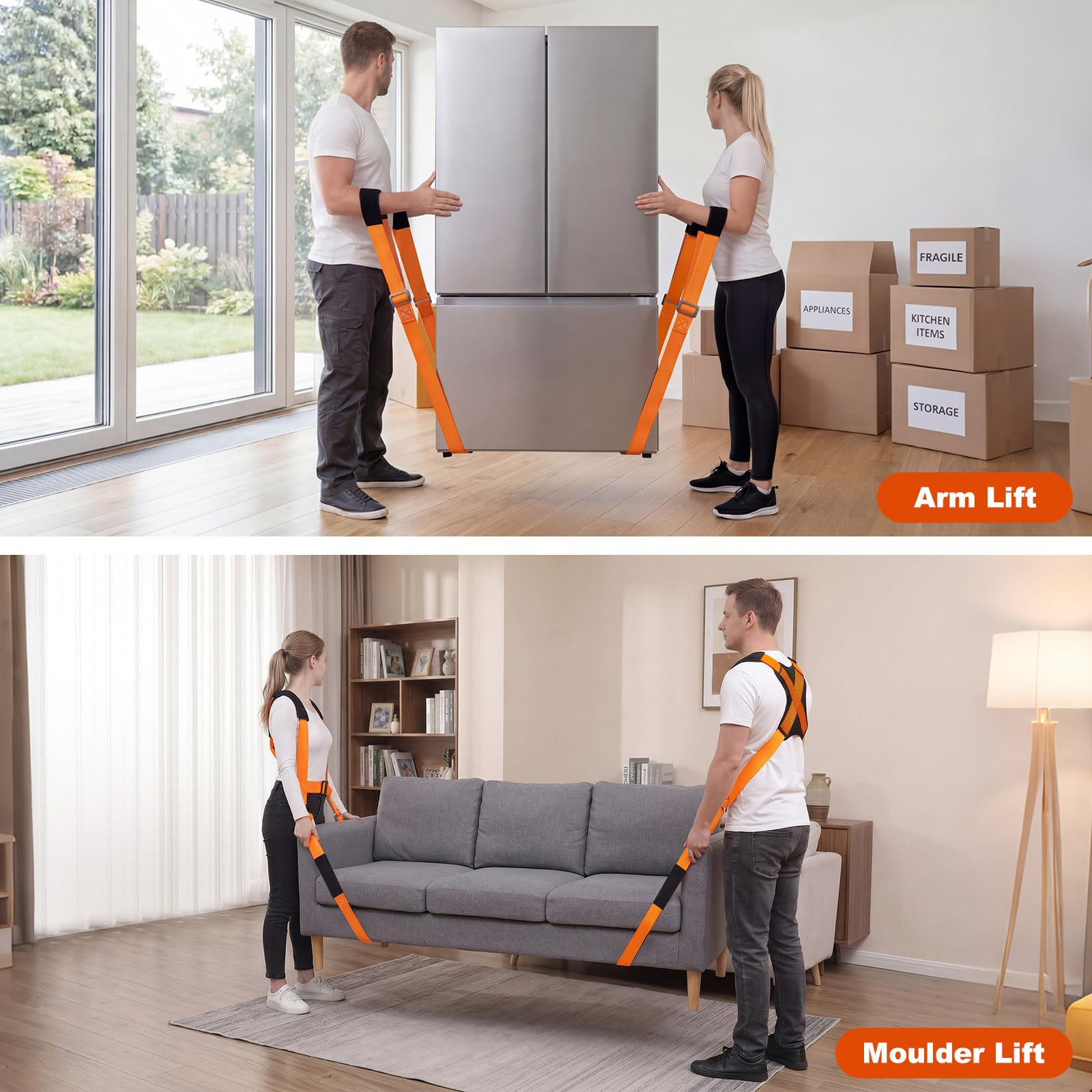 Cinghie per il movimento, sistema di sollevamento e spostamento delle spalle per 2 persone con imbottitura ispessita, cinghie di fissaggio regolabili in modo sicuro e facile per trasportare mobili