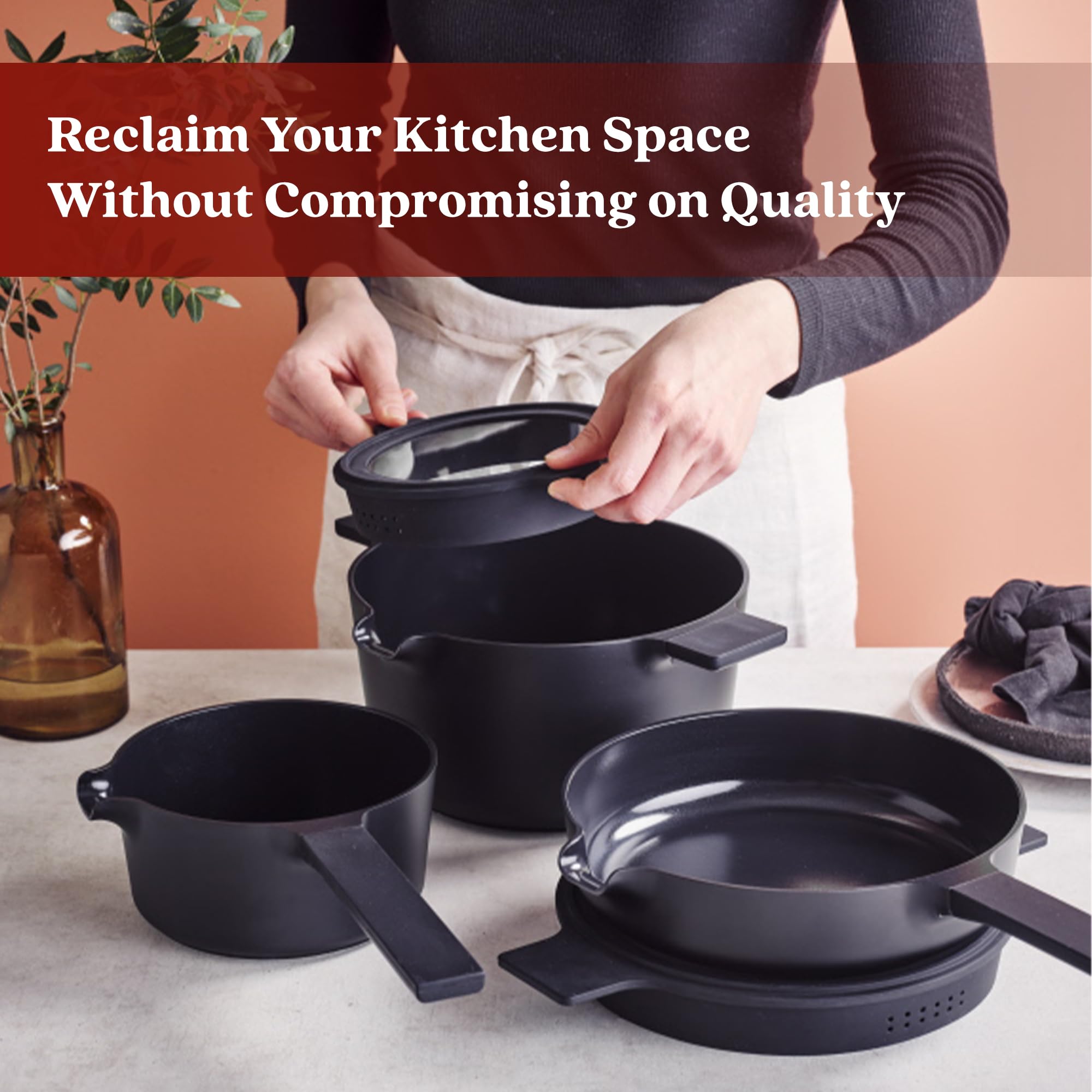 Alva Neat 5-Piece Space-Saving Ceramic Cookware Set, Health-Conscious PFAS/PTFE/PFOA-Free, Recycled Aluminum with Stackable Design, Oven & Induction Safe, Effortless Cleaning for Small Kitchens, Green