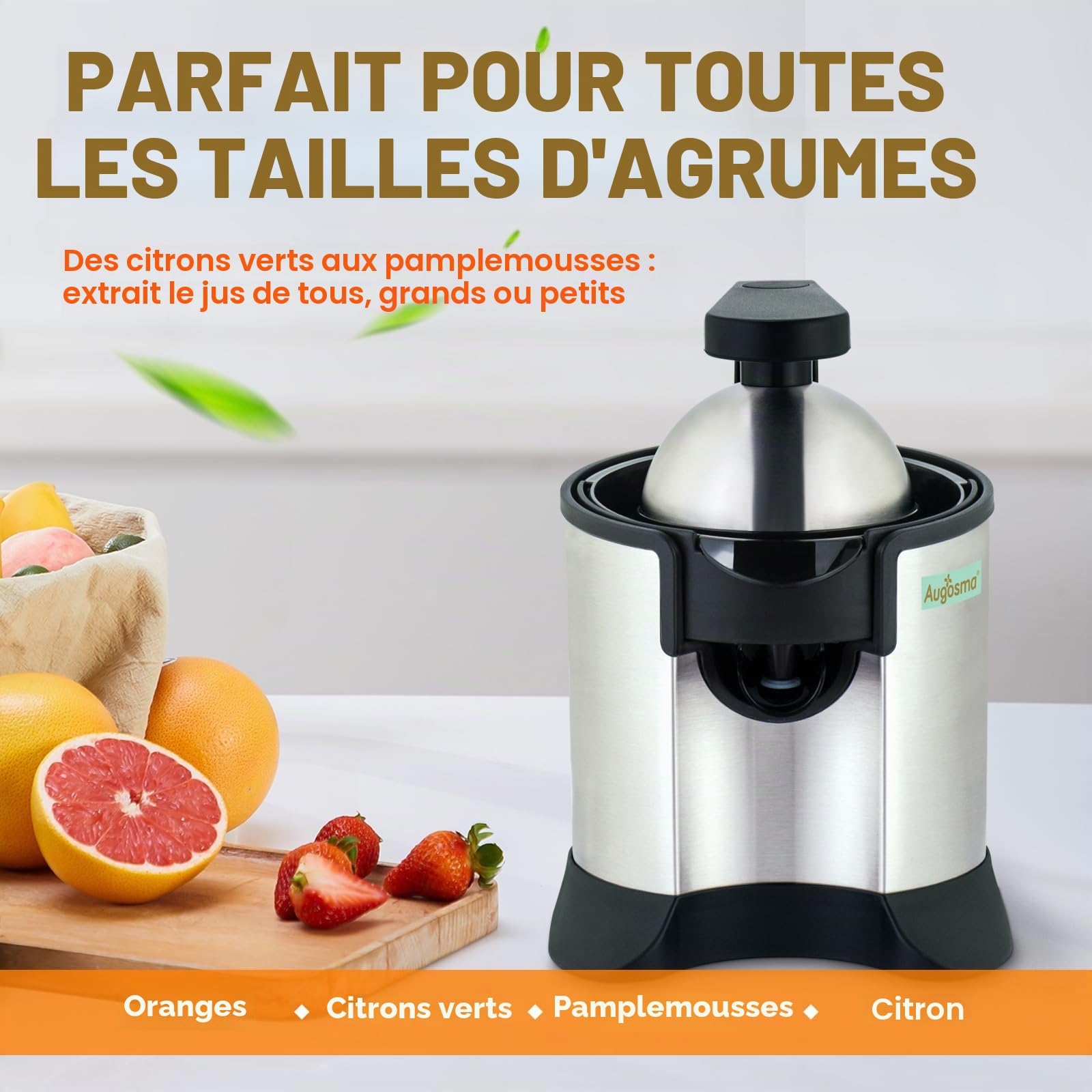 Presse-agrumes électrique de haute qualité, adapté aux oranges, citrons et pamplemousses, acier inoxydable brossé, facile à nettoyer et à utiliser (noir+argent)