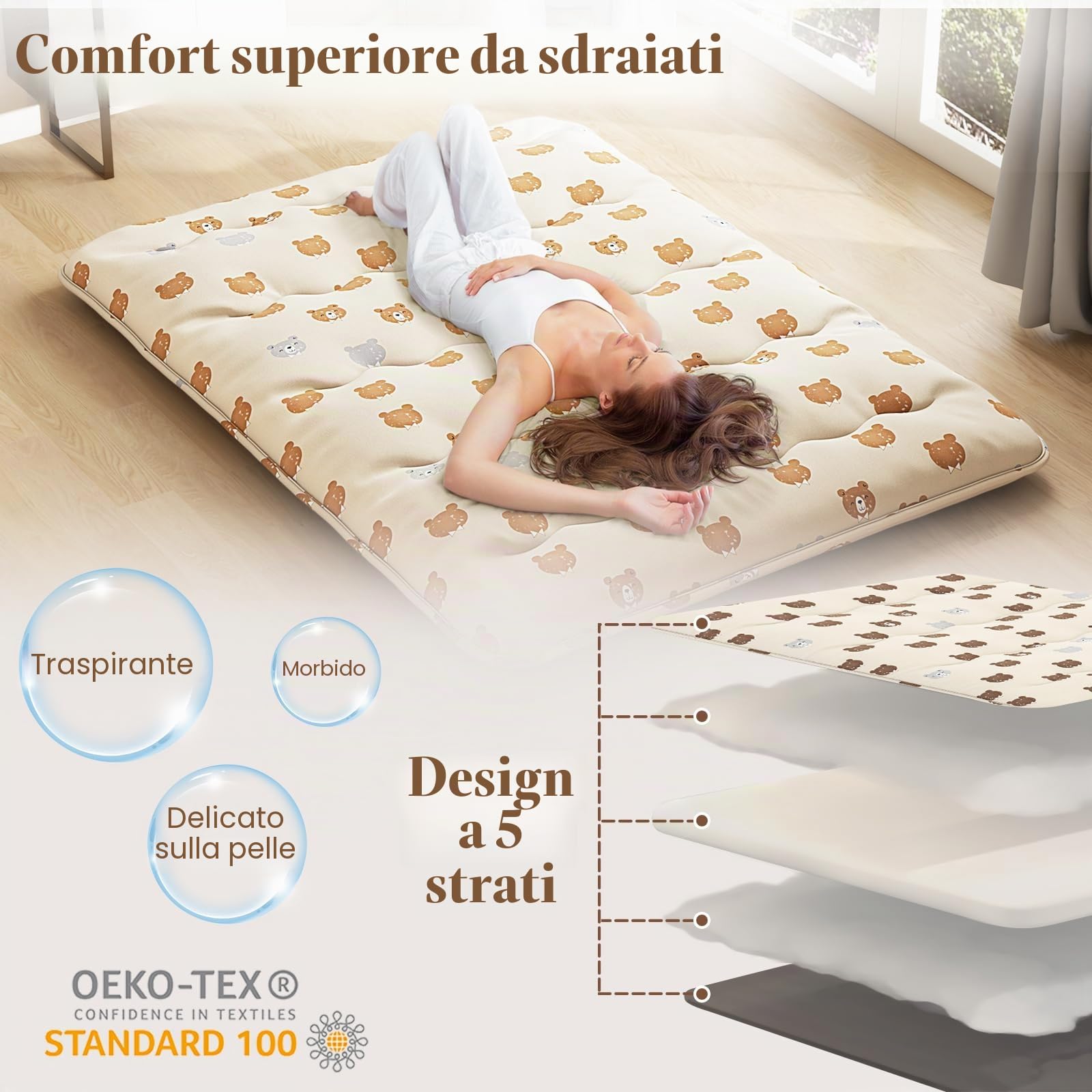 LIFEZEAL Futon Giapponese da Pavimento, Singolo 90x200cm, Materasso Futon da Terra, Tatami Cotone, Arrotolabile, Portatile, Pieghevole, con Fodera Lavabile, Borsa per Campeggio, Motivo a Orsetti