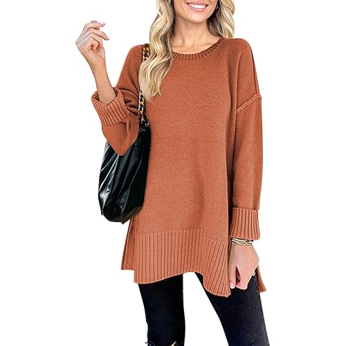 MEROKEETY Women's 2024 Fall Casual Crew Neck Side Split Pullover Sweater Loose Long Sleeve Jumper Top