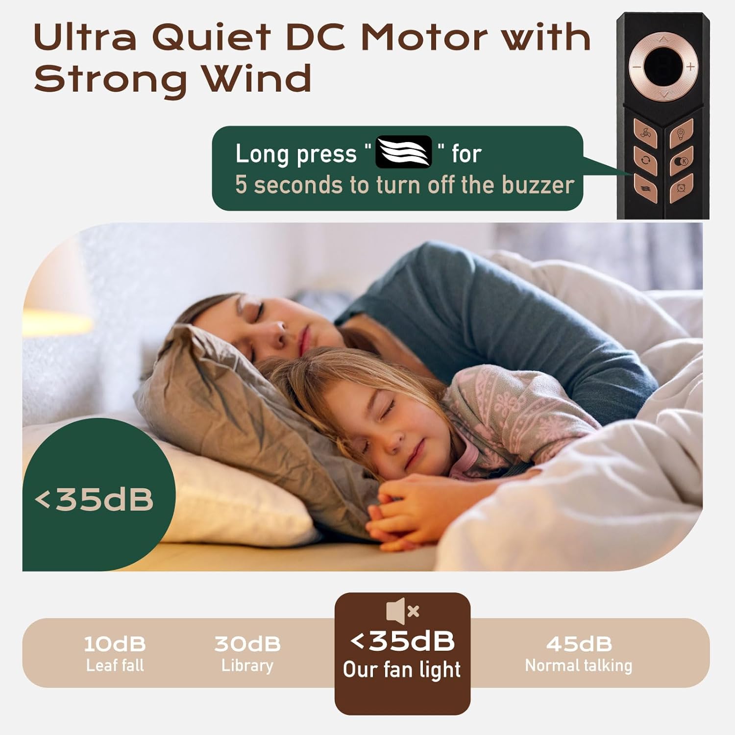 Image showing the remote control and a sleeping child, emphasizing the ultra-quiet DC motor with less than 35dB noise level, and instructions to long press a button for 5 seconds to turn off the buzzer.