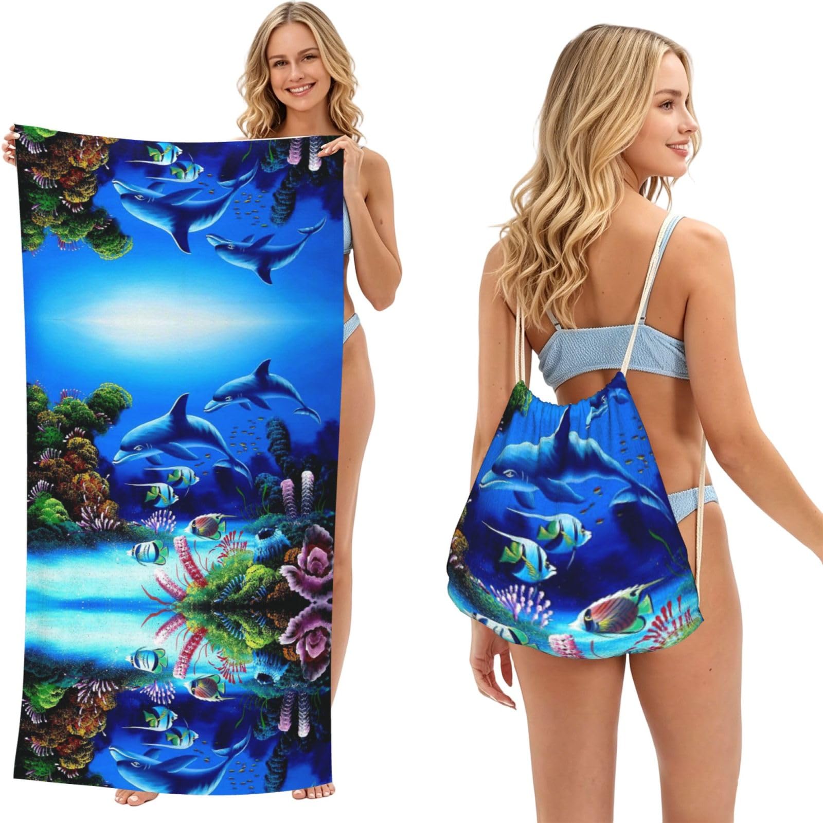 SATUSA Beautiful Underwater World Dolphins Coral Print 2-In-1 Foldable Beach Towel Backpack â€“ Camping, Yoga And Travel,Bath Towel With Built-In Storage, Convertible Beach Mat & Carry Bag
