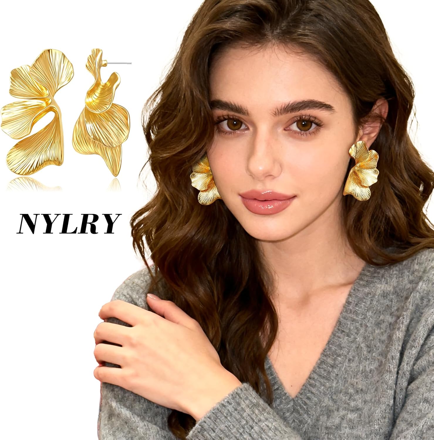 Chunky Gold Earrings for Women Large Gold flower Earrings Tropical White Floral Earring Big Summer Beachy Studs Earring Statement Trendy Jewelry Fashion Vacation Accessories for Women - Image 2