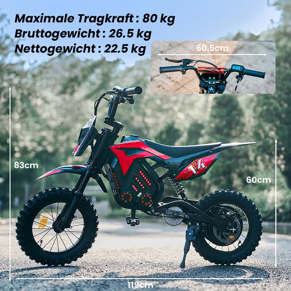 A14 Elektro Motorrad Kinder | 36 Volt 250 Watt Motor bis 22 km/h | E Bike | Dirt Bike | Electric Bike | Motocross |14 Zoll Kinder Motorrad elektrisch | Pocketbike | Dirtbike ab 6 Jahren (Rot)