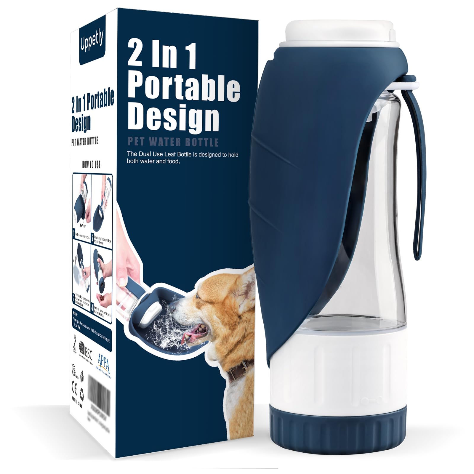 Uppetly Dog Water Bottle, Pet Water Bottle with Food Container and Drinking Feeder, Leak Proof, BPA-Free, Portable Foldable Puppy Water Cup Dispenser