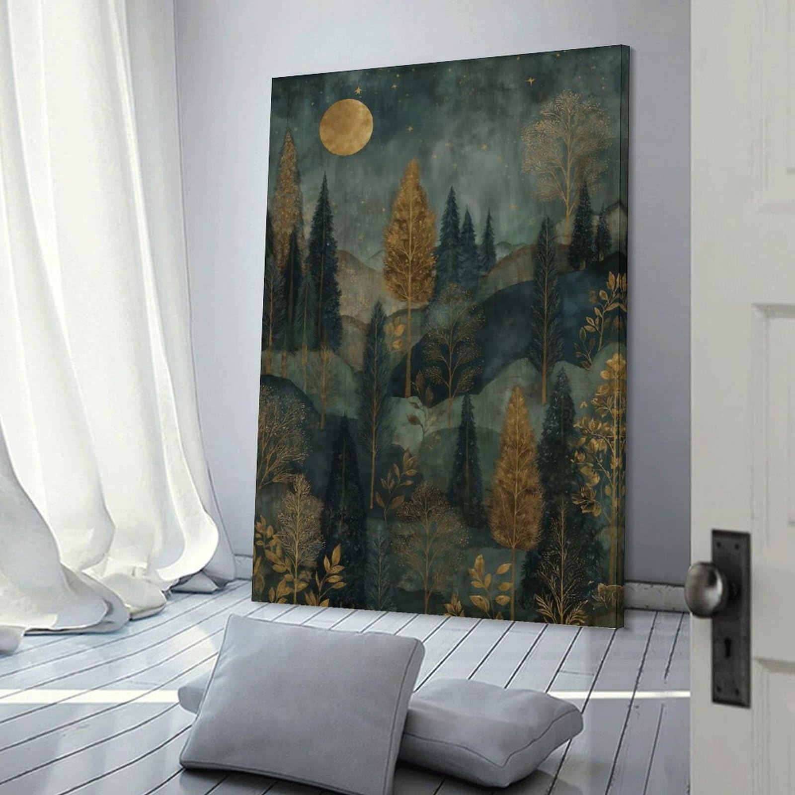Junmoney Fantasy Enchanted Forest Under Moonlight Wall Art Print, 24x36inch(60x90cm), for Entrance Spaces, Stair Walls Or Halls, Home Artwork for First Impressions