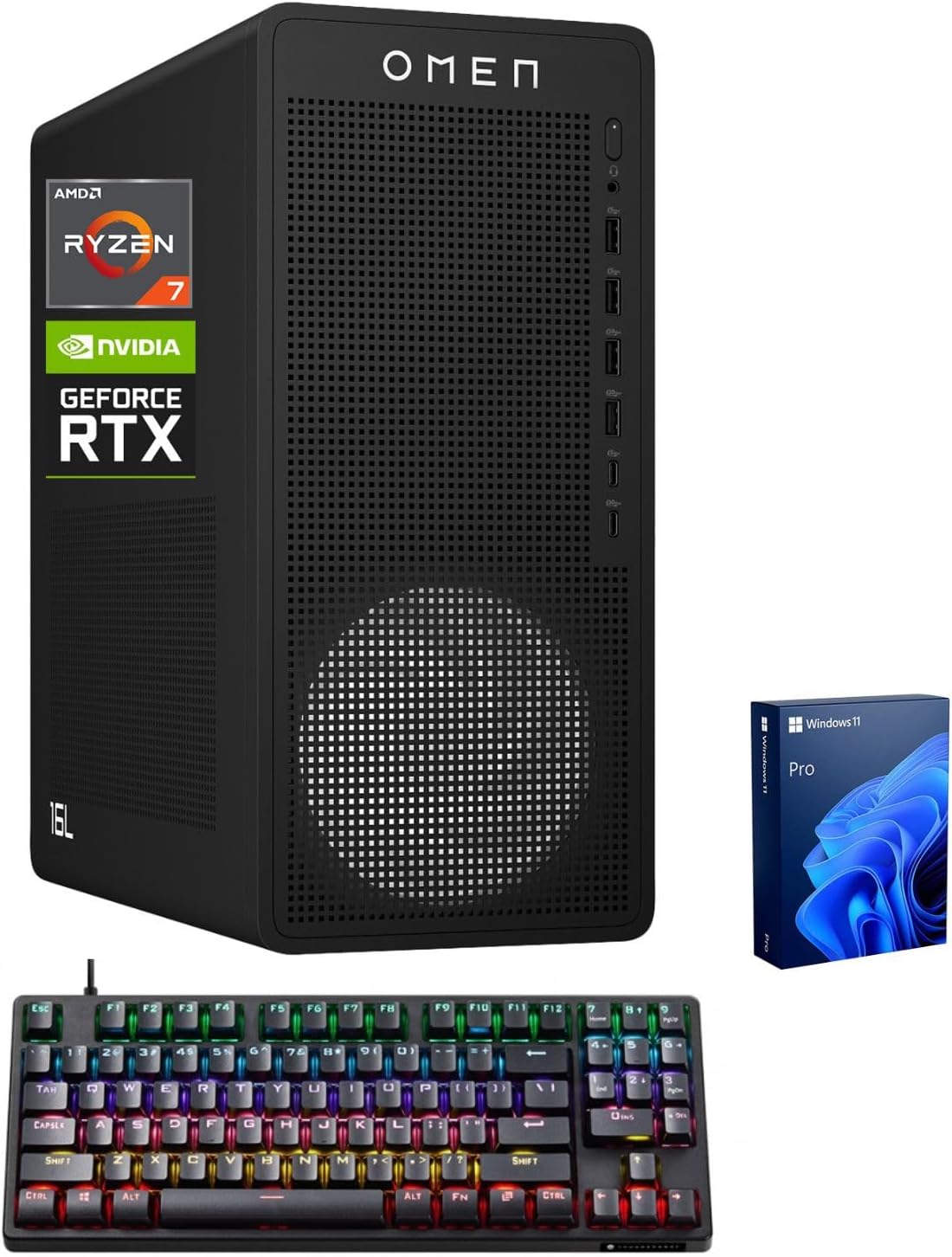 HP OMEN 16L Gaming Desktop, AMD Ryzen 7 8700F (Beats Intel i7-14700F), NVIDIA RTX 5060, 32GB DDR5 RAM, 2TB SSD, W11P, Music Production Workstation, Bundle with Thunderobot KG3089R Gaming KB