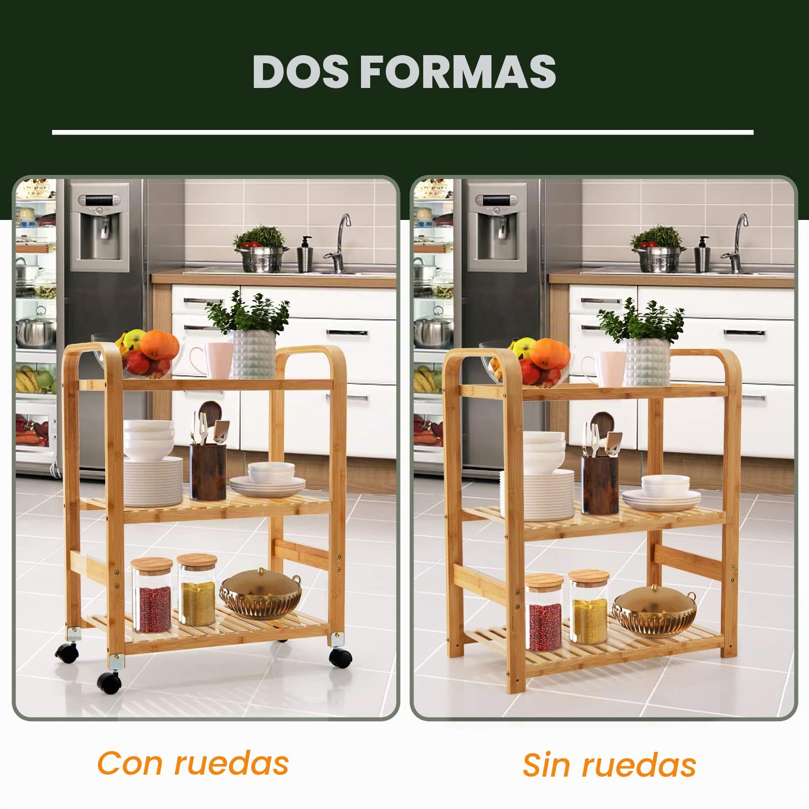 Giantex Carro de Servicio de Bambú, Carrito de Cocina con Ruedas Giratorias, Carrito Auxiliar de Almacenamiento con 3 Estantes, con Asas, Ruedas Extraíbles, para Cocina, Comedor, Salón