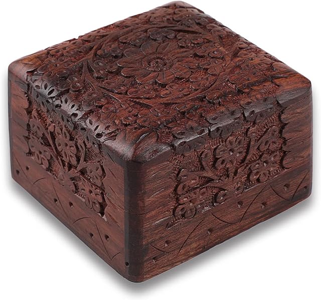 Handy Kala Wooden Box - Sheesham Wood Handmade Jewellery Box with Lid, Velvet Interior, Floral Carving Detail, Brass Inlay-Storage Box for Crystals, Jewels, Trinket, Charms, Valuables(Small, Carving)