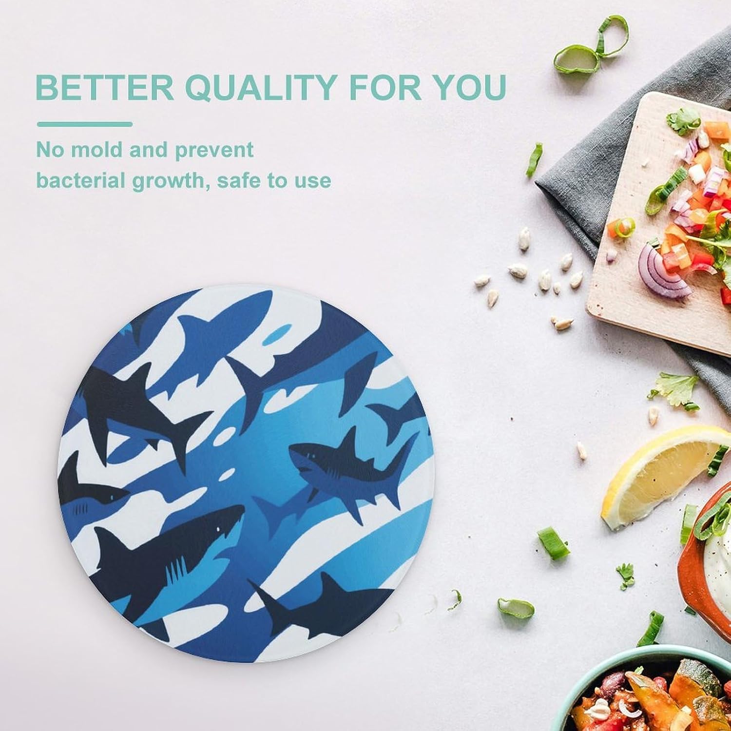 Abstract Sharks Tempered Glass Cutting Board Sturdy Chopping Block Personalized Large Butcher Block Lightweight Round Chopping Mat for Kitchen Non Slip