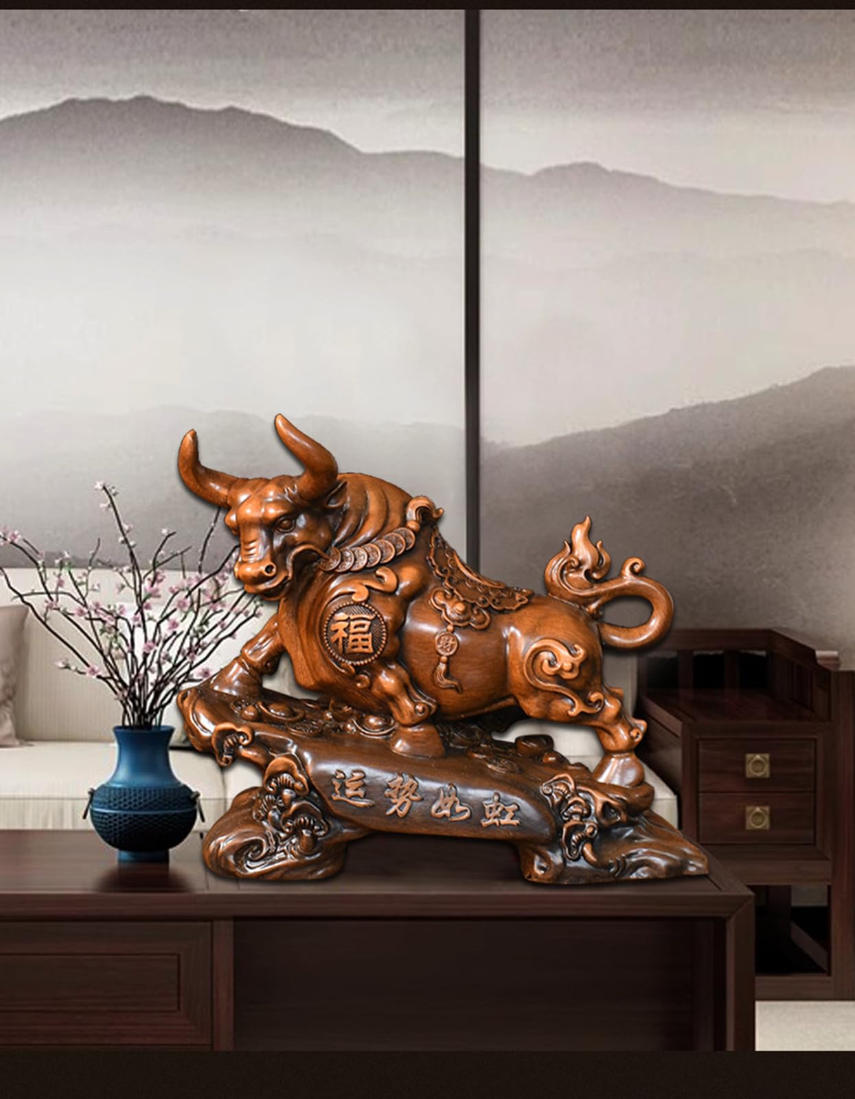 Rzeźba byka z żywicy Feng Shui, dekoracje Wall Street Bull