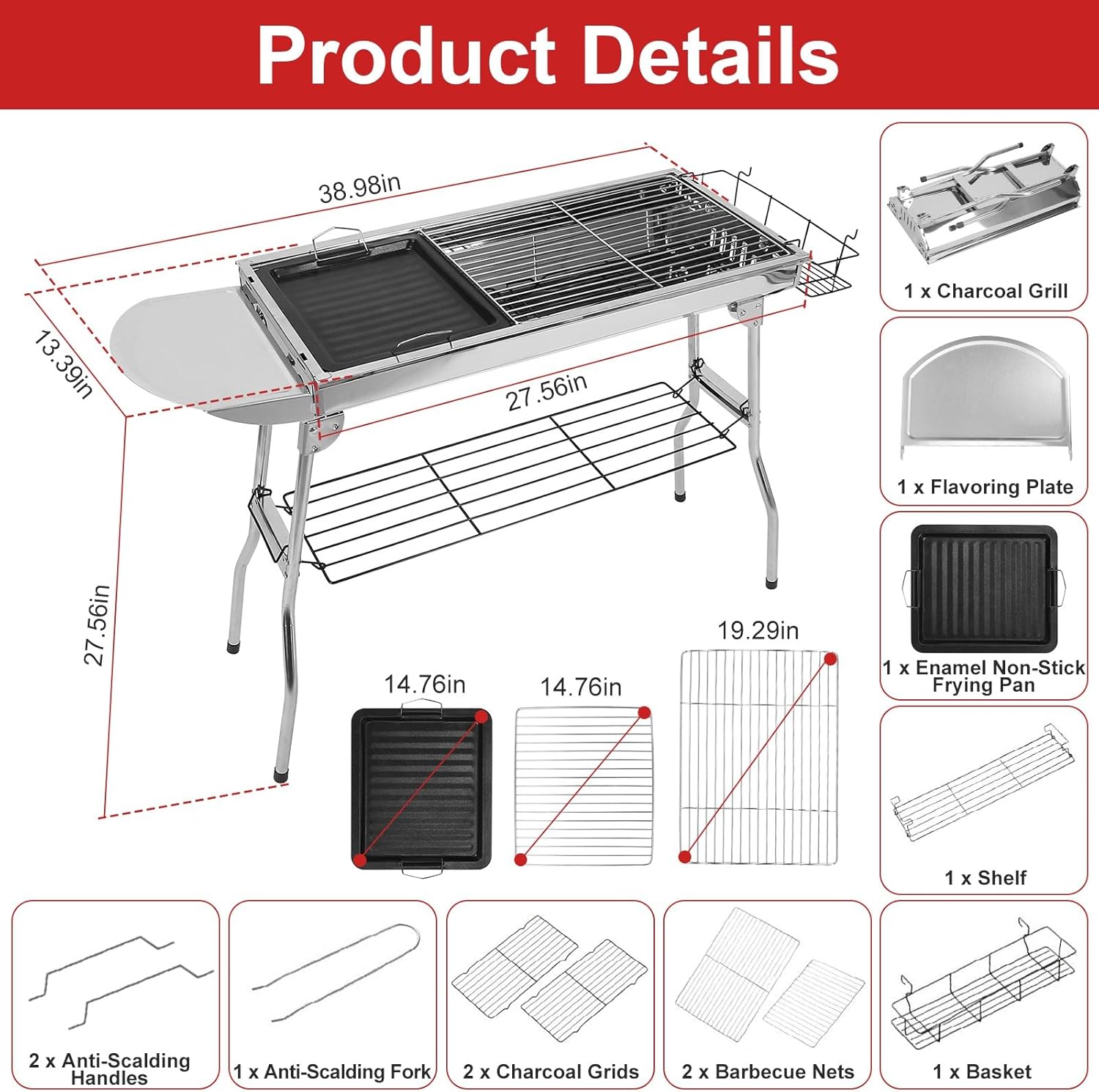 Portable Charcoal Grill, Foldable Camping Barbecue Grill with Storage Shelf, Stainless Steel Outdoor BBQ Grill Table for Garden Backyard Party Picnic Travel