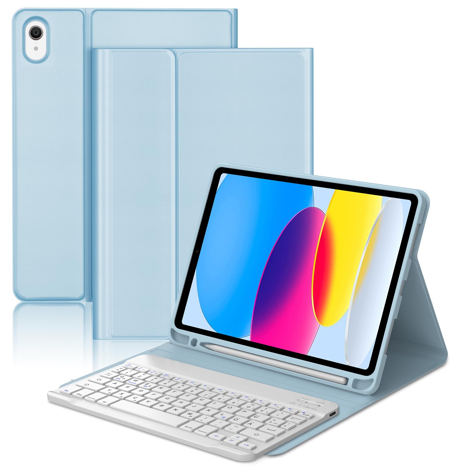 Occtingkind Hülle mit Tastatur für iPad 11/10 Generation (2025/2022, 11/10,9") – Bluetooth 5.0 Keyboard, QWERTZ Deutsch, Magnetisch Abnehmbar, Ohne Beleuchtung & Touchpad, Stifthalter, Himmelblau