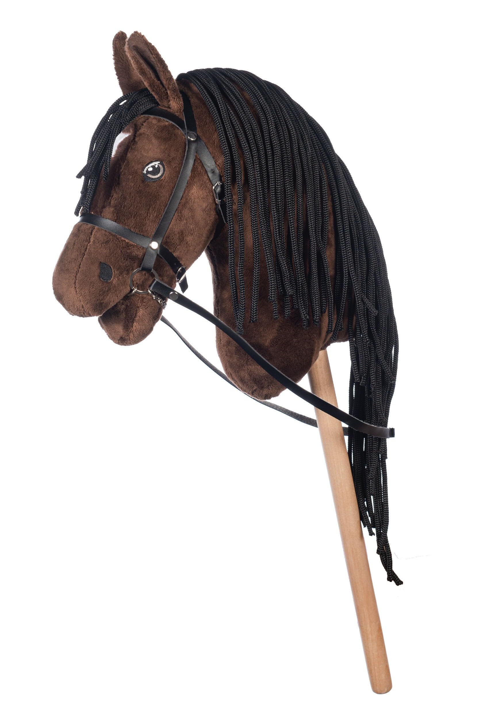 HKM Hobby Horse Stern – Steckenpferd braun/weiß, 40 cm Holzstiel, abnehmbare Trense & lange Mähne