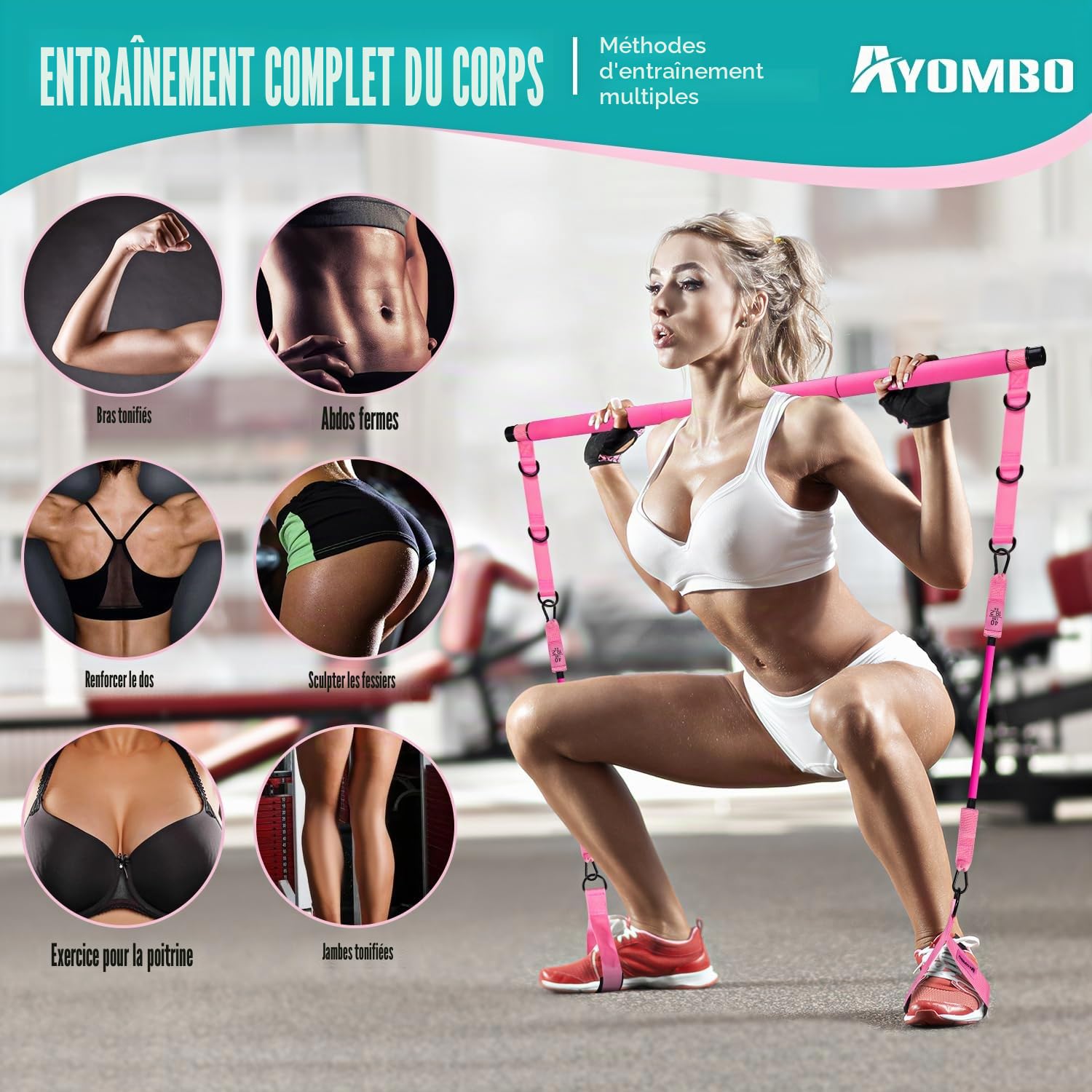 Kit de barre de pilates avec bandes de résistance, équipement d'entraînement Pilates pour jambes, hanches, taille, bras, squats pour entraînements à domicile, kit de barre de pilates réglable à 3