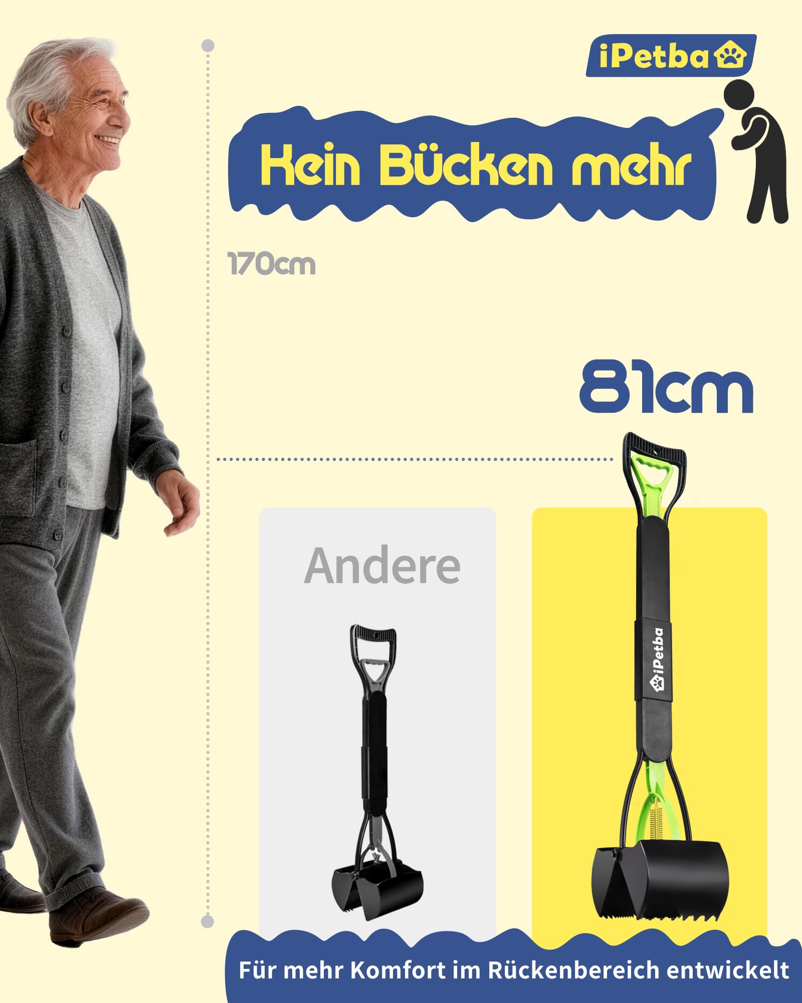 80 cm Großer Hundekotschaufeln Langer Griff Hundekotsammler Kein Bücken Nötig für Hunde und Katzen Faltbare Pooper Scooter für Wiese Erdboden Sandboden Kiesweg