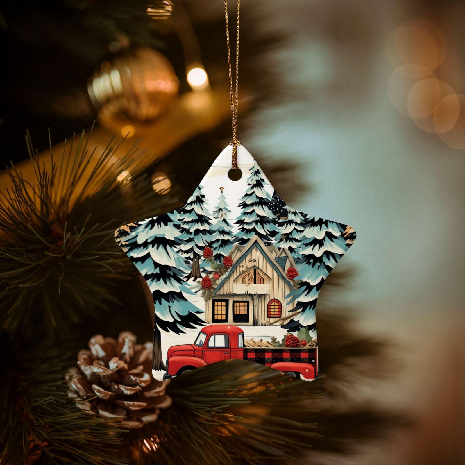 Christmas Tree Ornaments Ceramics Christmas Decorations Farmhouse Christmas Ornaments with Gold Ribbon Porcelain Xmas Tree Crafts Star Shape Hanging Pendant for Christmas Tree Party Decor