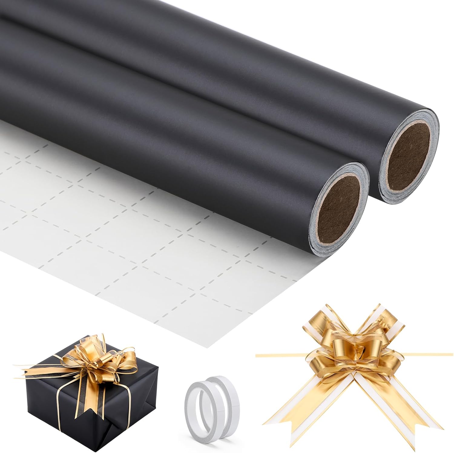 EUSOAR Black Gift Wrapping Paper, 2 Rolls(17 in x 32.8ft Each) Solid Color Matte Gift Wrap with 20pcs Gold Pull Bows, Gifts Wrapping Paper Crafts DIY Bouquet Packaging for Wedding Birthday Party