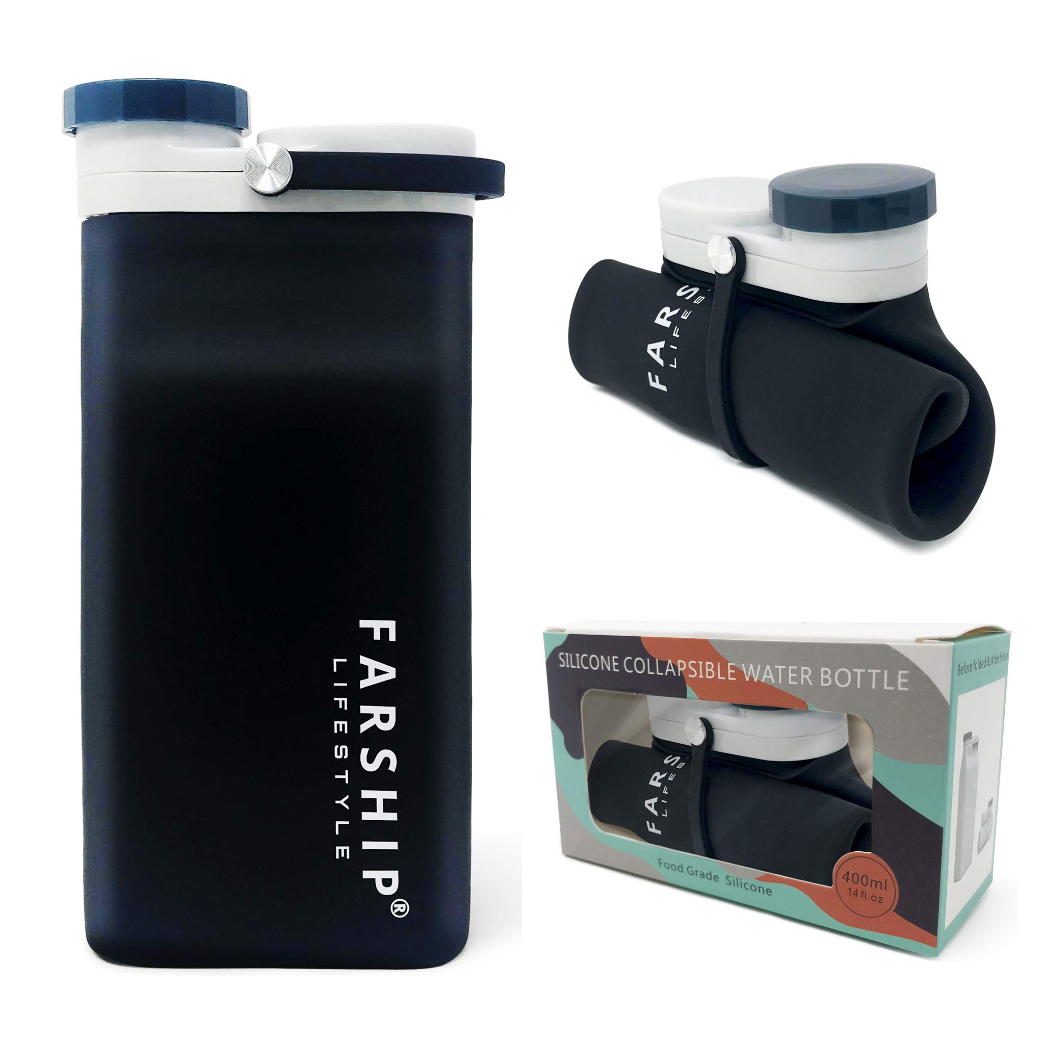 Collapsible Silicon Water Bottle Canteen, Strong Lightweight Ultra Portable Folding, Leak-Proof BPA Free 14oz 20oz