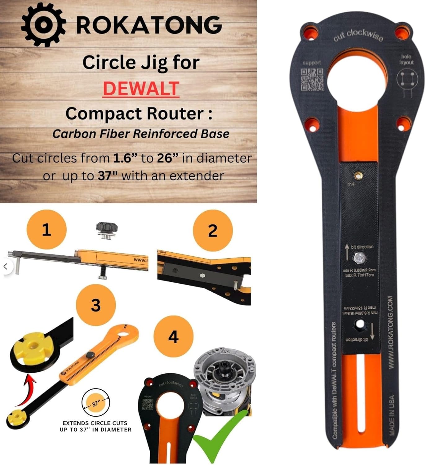 Router Circle Jig for DeWALT DCW600, DWP611– Carbon‑Fiber Radius Guide, Adjustable 1.6–37" Circle Cutting Jig for Trim Routers, Made in USA