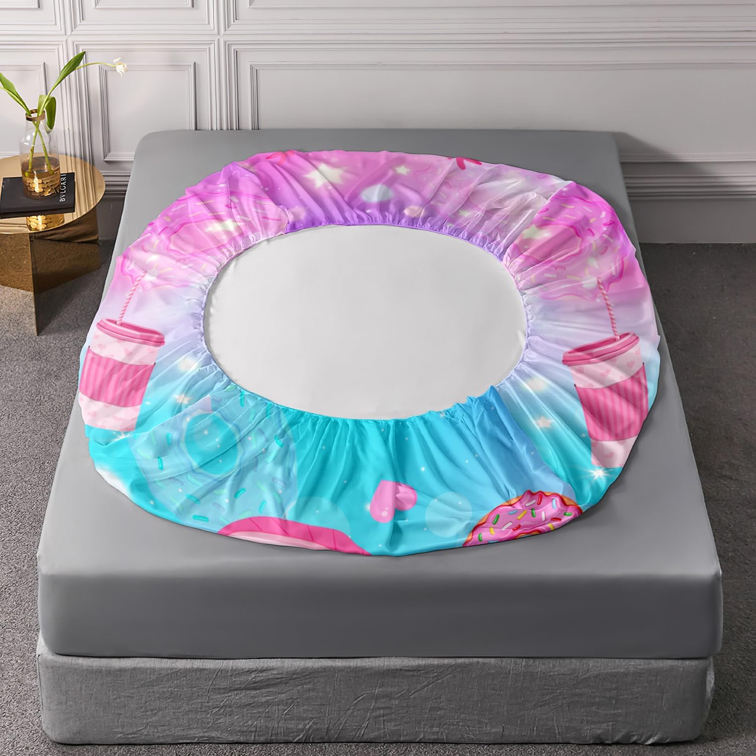 HOSIMA Axolotl Fitted Sheet Cute Animal Bedding Set Toddler Room Decor for Girls Dessert Milk Tea Donut Bed Fitted Sheet Fantasy Blue Purple Twin Bed in A Bag Sets for Adults Teens.