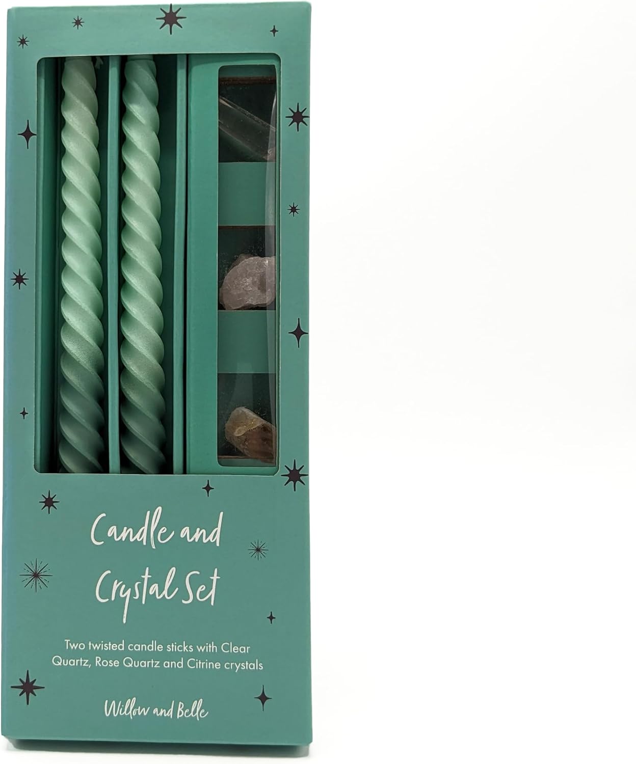 Green Ombre Candle and Crystal Set - Includes Two Twisted Candles and Three Crystal Stones