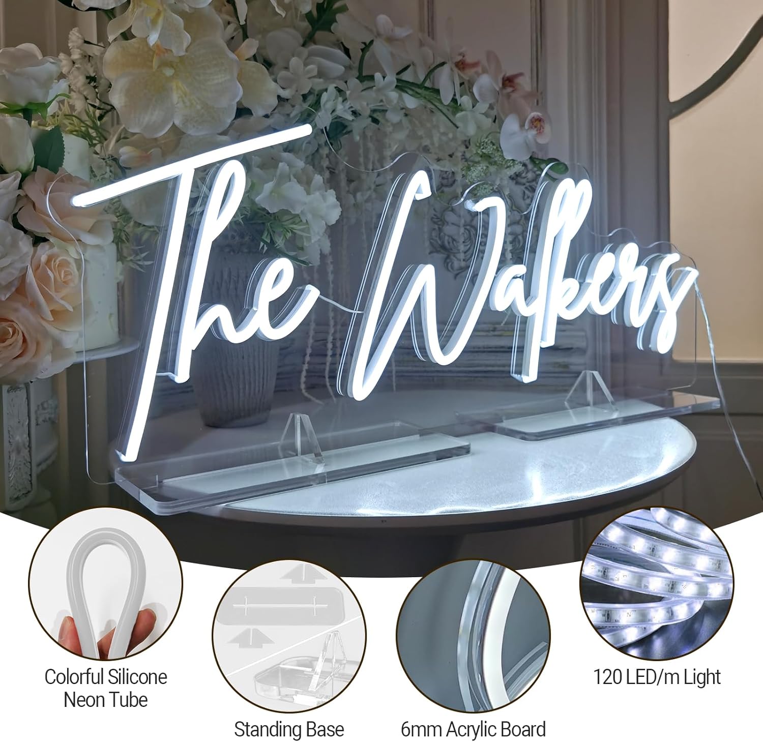 Custom Tabletop Neon Sign for Wedding Reception, Personalized Wedding Last Name Neon Lights with Free Standing Acrylic Base, Customized LED Light Up Signs for Bedroom Engagement Birthday Party Gifts