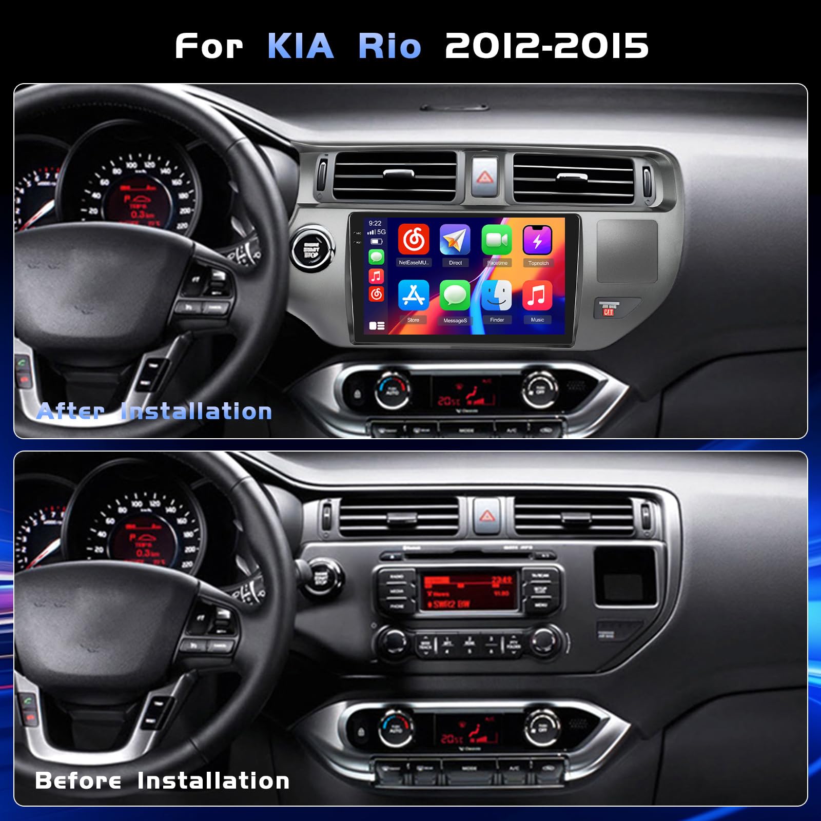 4+64G Android Autoradio mit Bildschirm für KIA Rio 2012-2015 Wireless Carplay, Autoradio mit Navi 9 Zoll Incell Bildschirm Android Auto/FM/RDS/Rückfahrkam