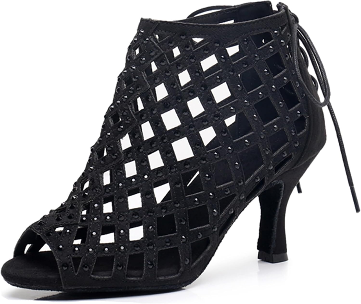 Swing Dance Shoes for Women Cut-Out Breathable Sexy Dancing Heels Evening Ankle Booties with Crystals X3217