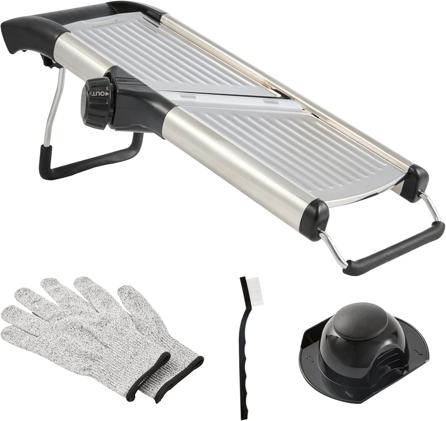 Restaurantware Stainless Steel Adjustable Mandoline Slicer – German Standard Vegetable Slicer with Blade Guard, Cut-Resistant Gloves, Cleaning Brush – Food Slicer for Potato, Onions, Cucumbers, Tomato