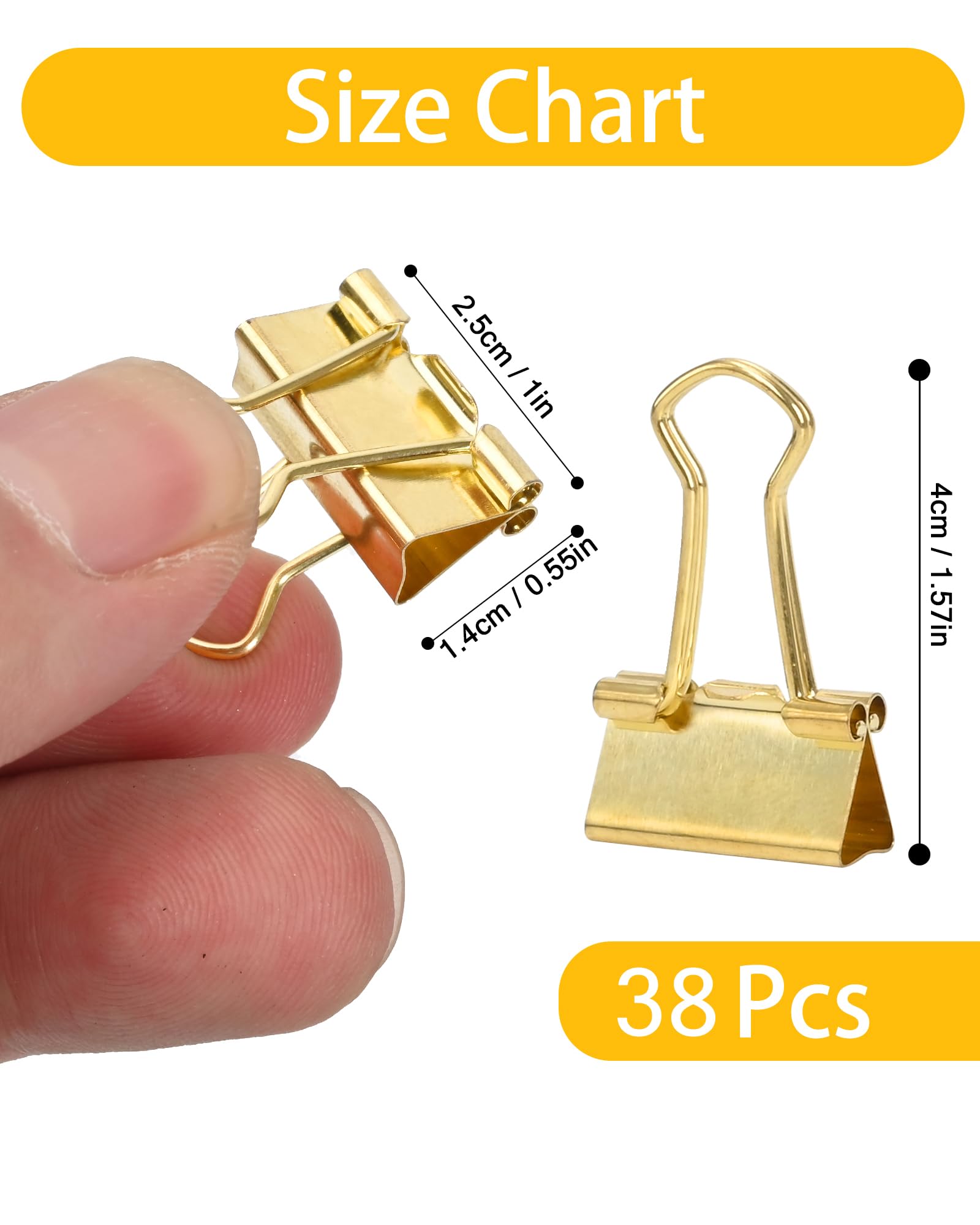 Kleine Klammern, Binder-Clips, 2,5 cm, kleine Büroklammern für Büro, 38 Stück (Gold)
