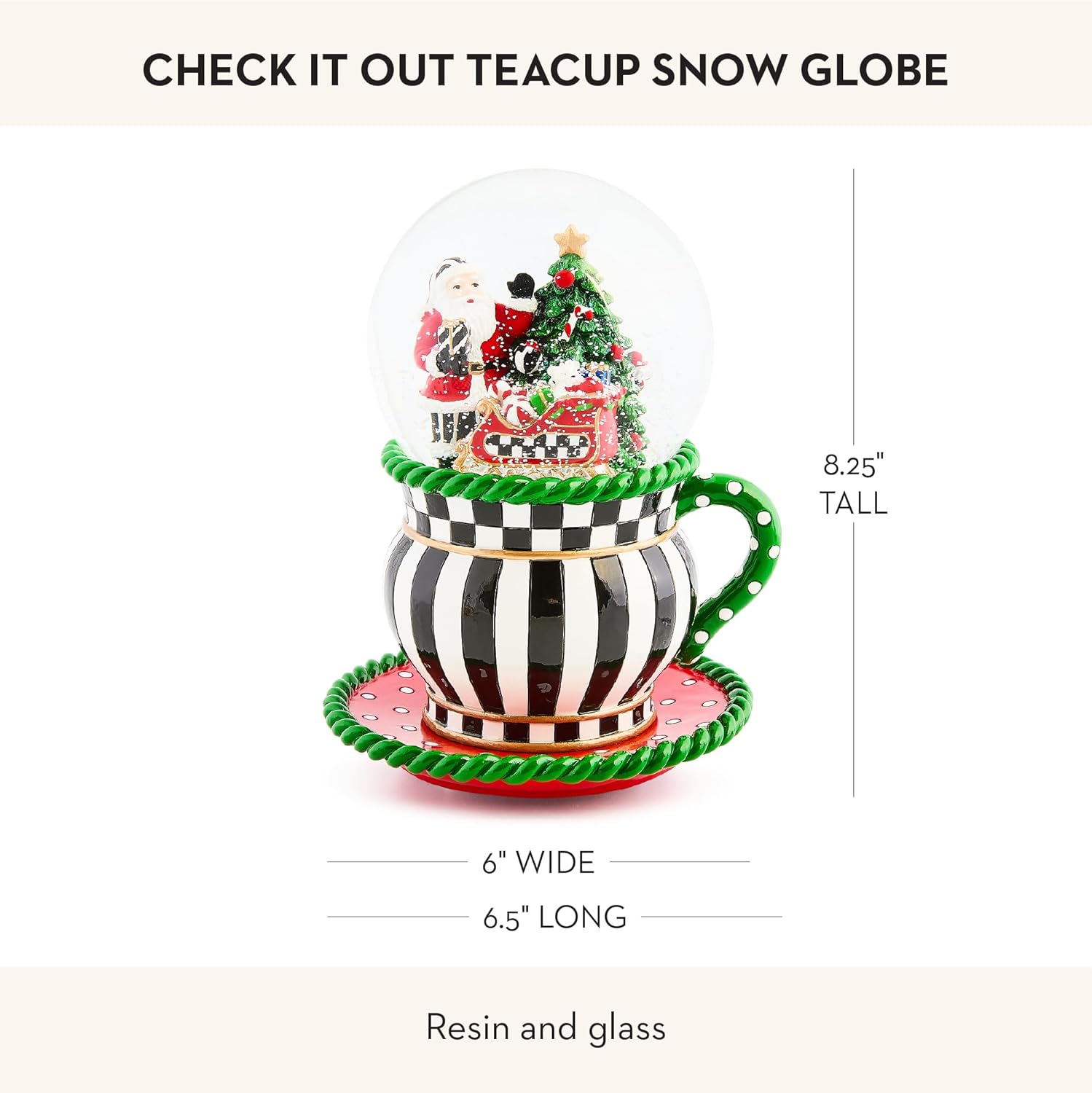 MACKENZIE CHILDS Snow Globe, Christmas Decor for Living Room, Check It Out Teacup