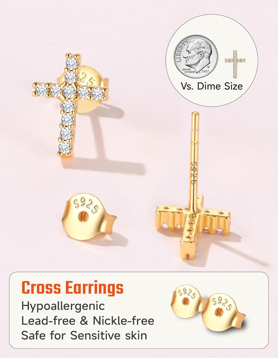 14K Gold Plated Cross Stud Earrings 925 Solid Sterling Silver 5A Cubic Zirconia Religious Small Earrings Hypoallergenic for Daily Birthday Christmas Valentine's Day Gifts for Her(White/14K Gold) - Image 3