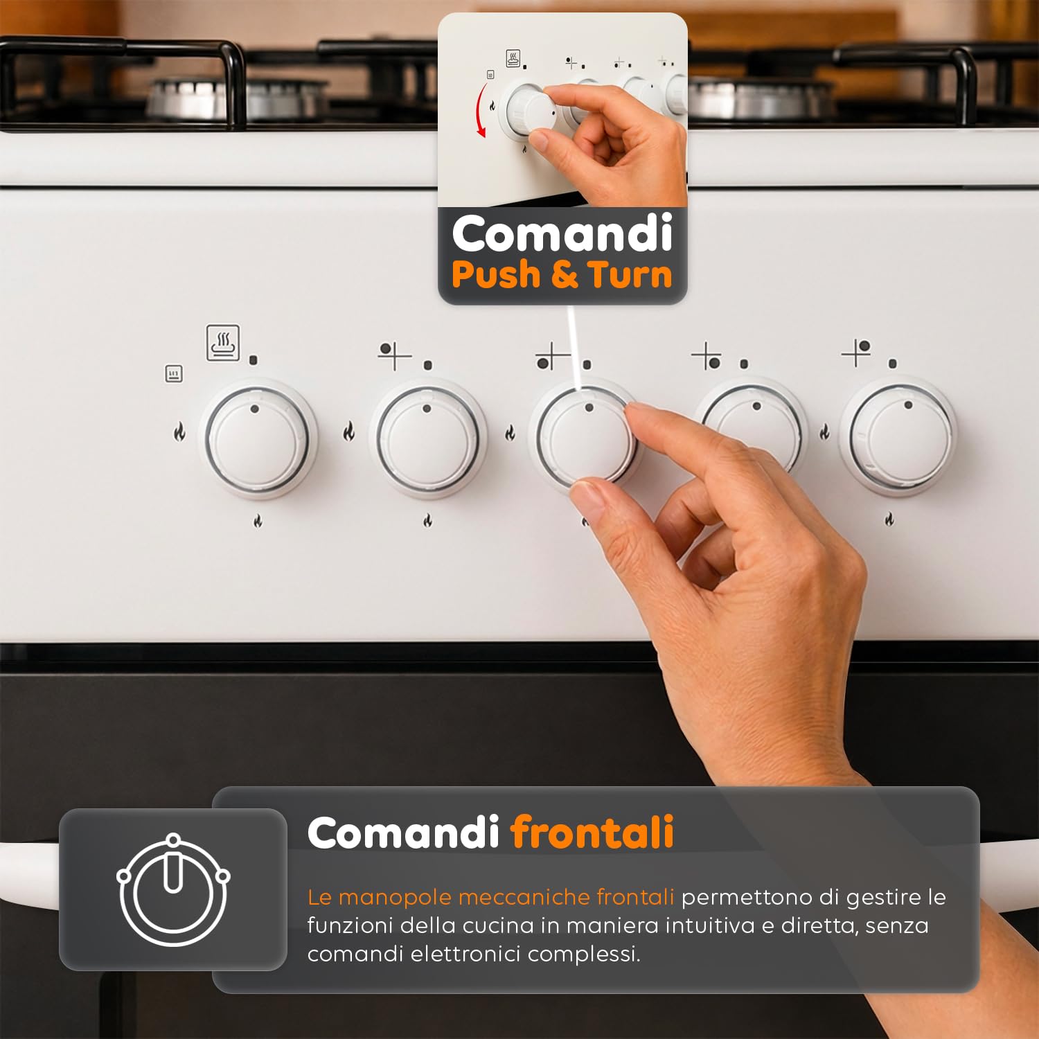 Cocina de gas de 50 x 50 cm con horno de gas de 49 litros y 4 fuegos de diferente potencia, cocina a gas libre instalación con válvulas de seguridad, tapa y parrillas esmaltadas (blanco)