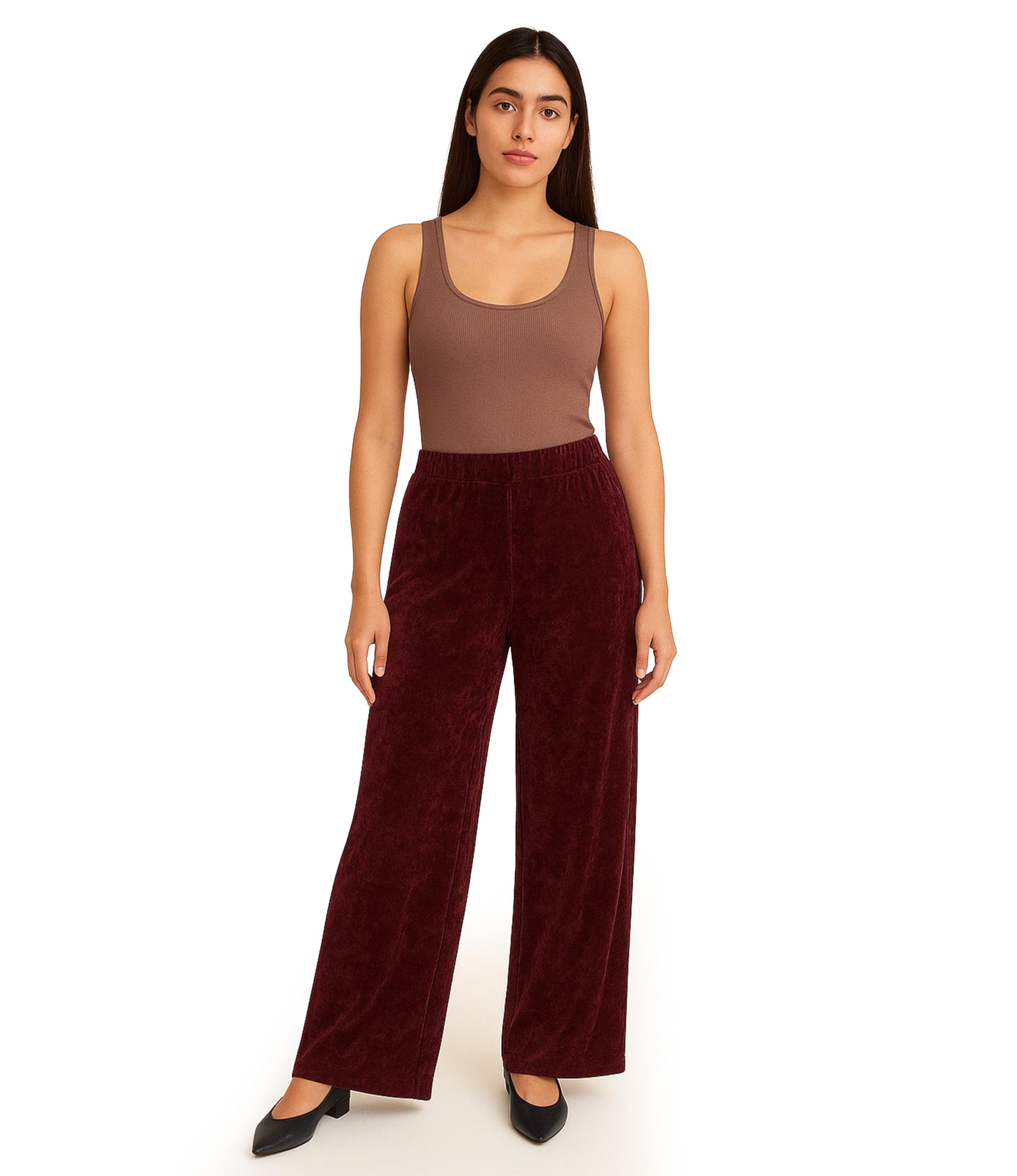Ladies Plus Size Velour Velvet Wide Flared Leg Pocket Elasticated Waist Pants Palazzo Trousers (24-26, Wine)