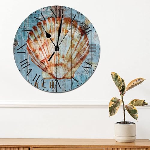 Miniatura 27 de ArogGeld Reloj de pared de PVC de mediados de siglo, concha, números de playa, estilo océano con números romanos de 10 pulgadas, funciona
