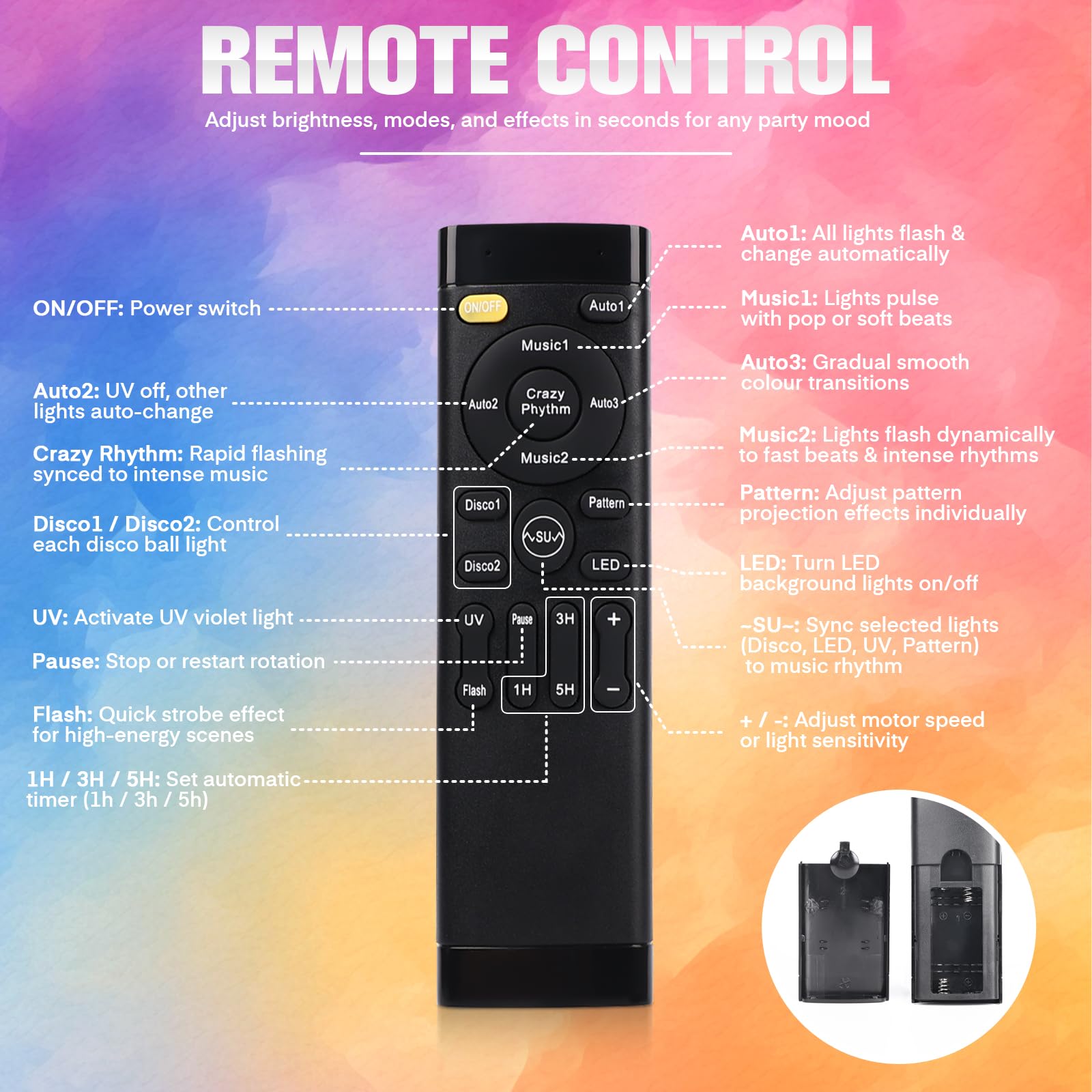 Luci da discoteca LED RGB 6 in 1 con supporto e telecomando, controllo musicale, portatili per feste ed eventi