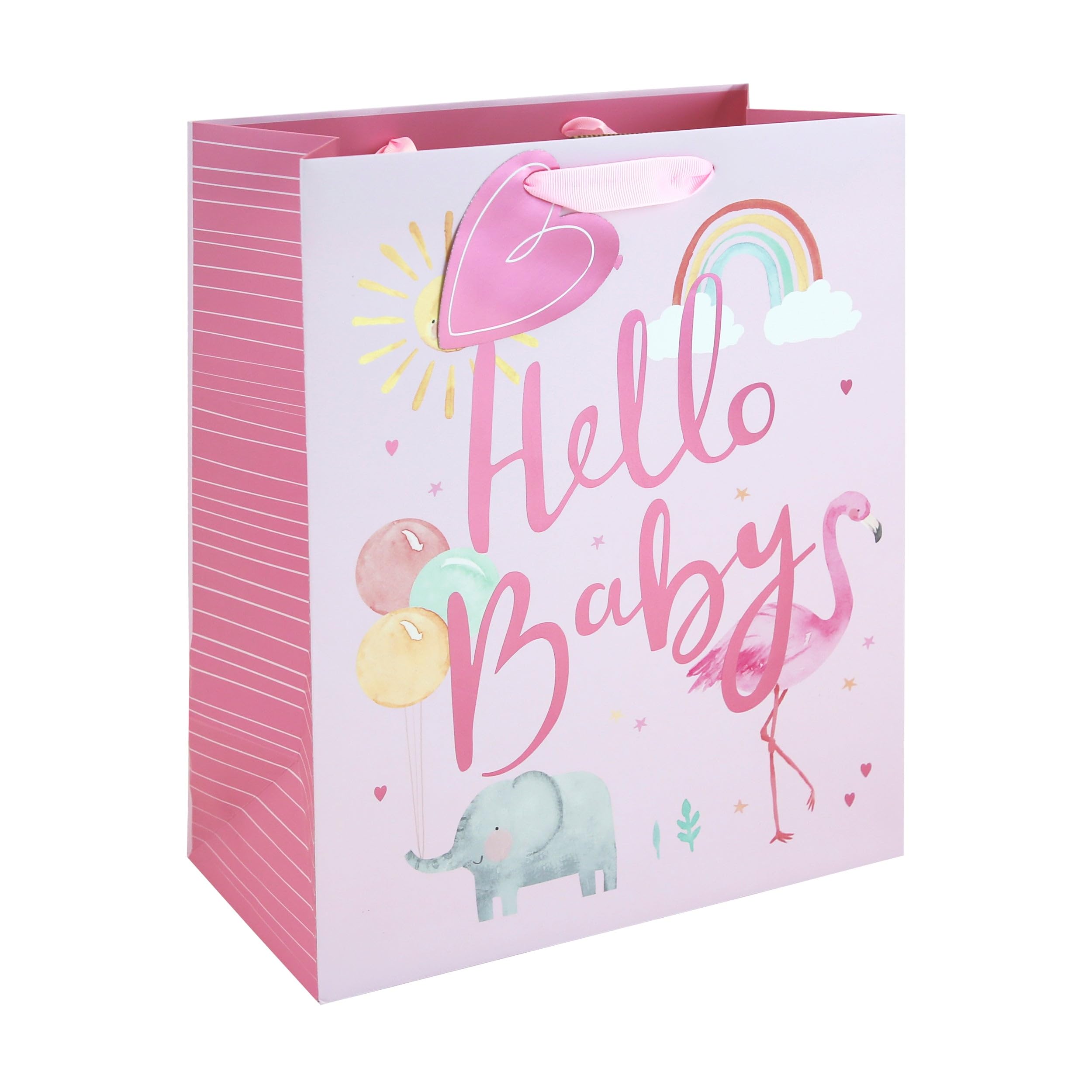 Eurowrap Hello Baby Girl Pink Large Gift Bag with Foil Detail, Ribbon Handle and Gift Tag, New Baby Girl Present for Baby Shower and New Parents