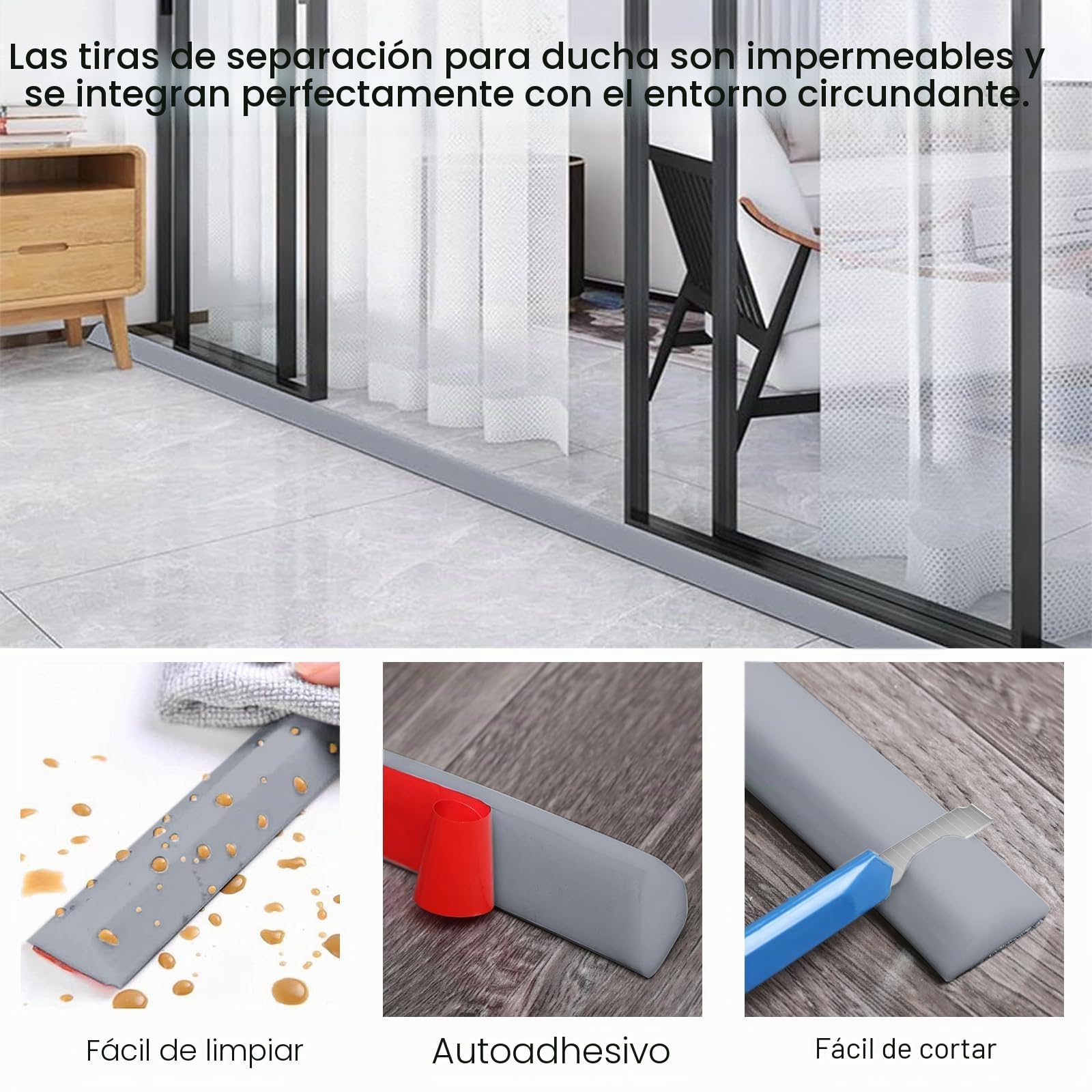 Barrera de Ducha y Sistema de Retención de Agua 200CM, Umbral Plegable de Silicona Impermeable Autoadhesiva para Baño y Cocina (Gris)