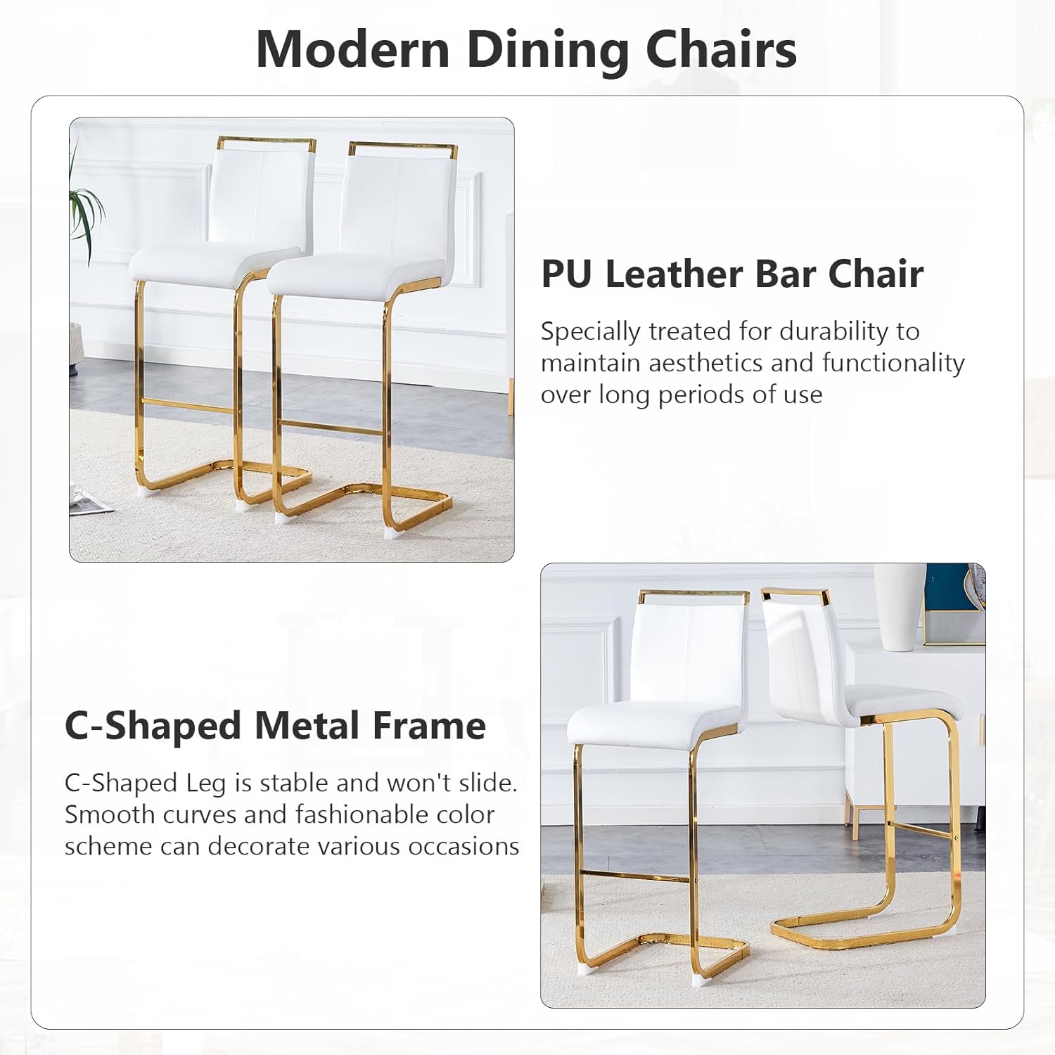 30'' Counter Height Bar Stools Set of 2, Modern Upholstered PU Leather BarStools with Back Chrome Plated Metal Frame, 30 inch Armless Bar Chairs for Kitchen Island (White+Gold, Set of 2)
