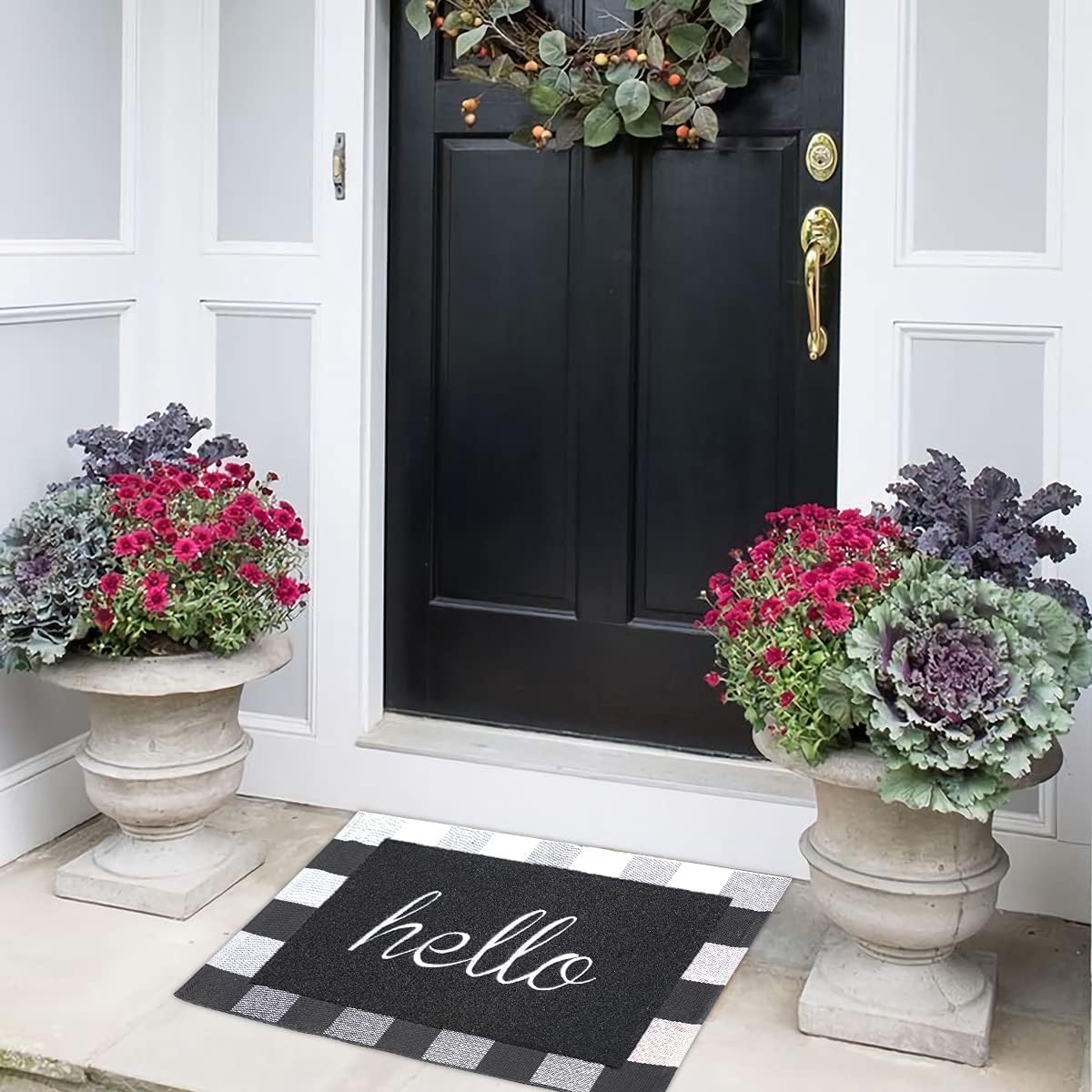 LAN SHAN QUE Hello Welcome Mat with Non Slip Rubber Backing+Buffalo Plaid Rug 24”x36” for Layered,Decorative Outdoor Indoor Combo Set Doormat,High Traffic Areas Front Door Rug