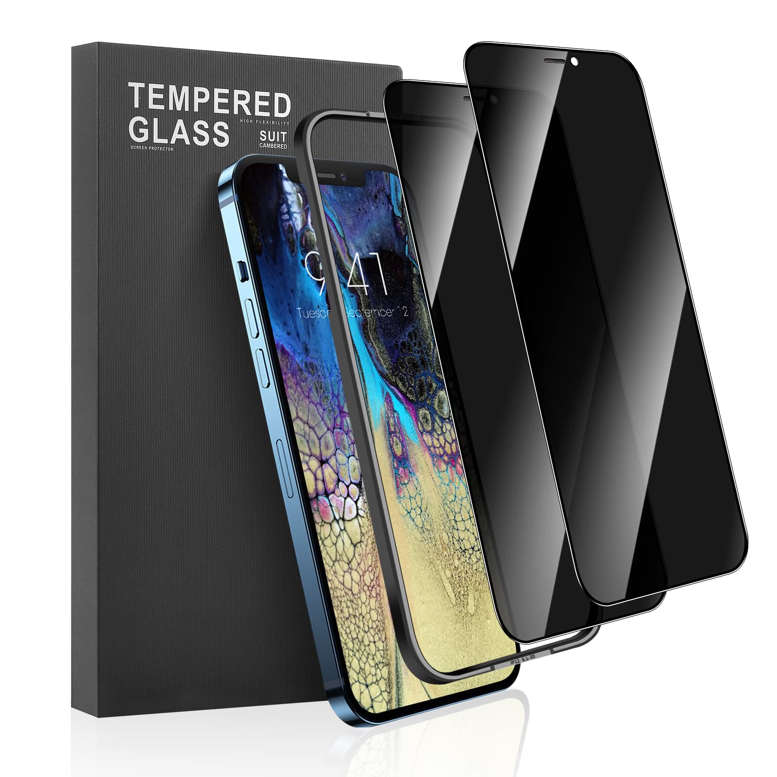 Meidom 2 Pack Privacy Screen Protector for iPhone 12/12 Pro, Anti Spy Private Tempered Glass Film, 6.1 inch, Black Border