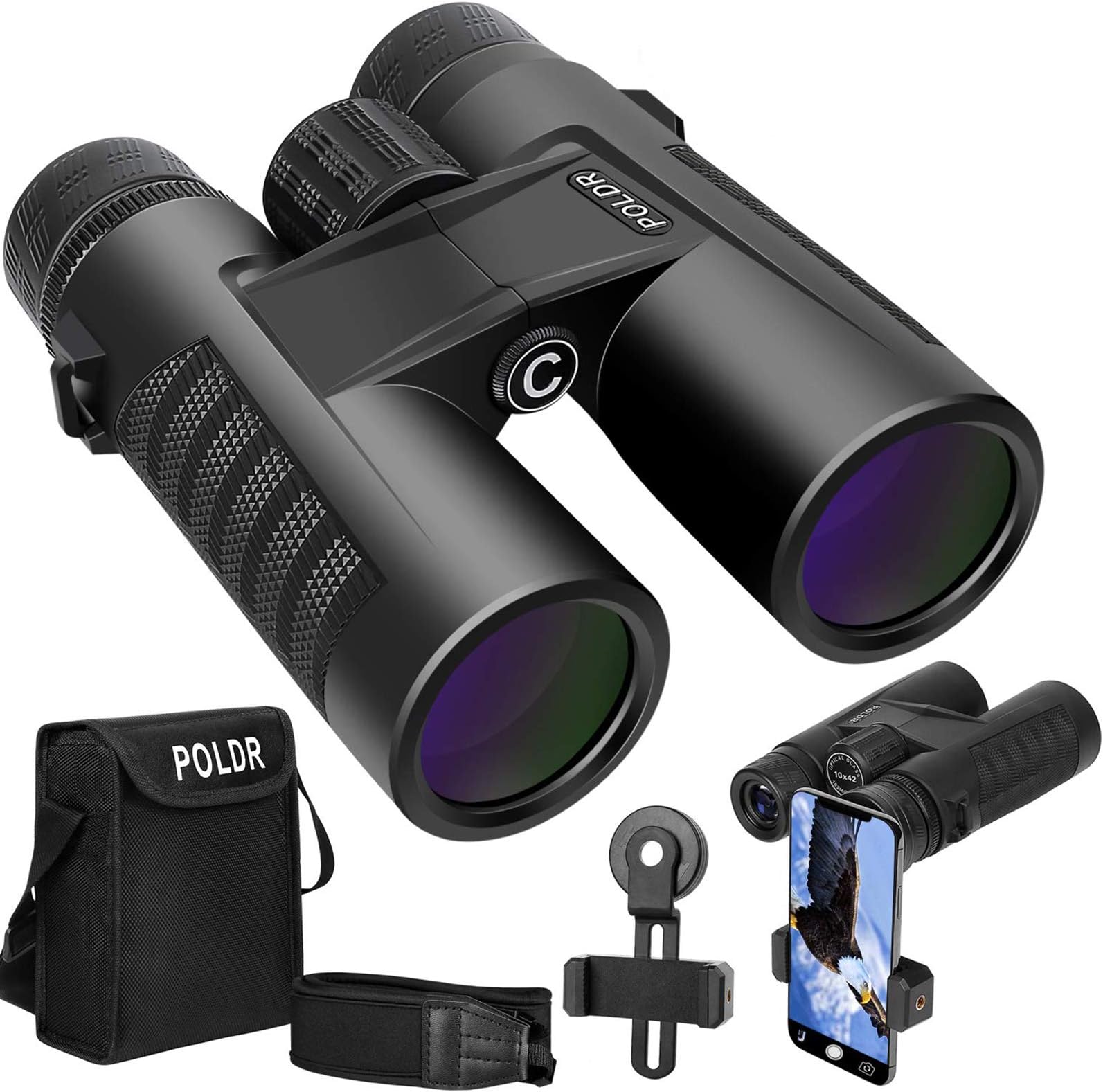 POLDR 10x42 Powerful Full-Size Binoculars for Adults, Waterproof Compact HD Binoculars for Hunting Concerts Bird Watching Travel Hiking BAK4 Prism FMC Lens-with Smartphone Adapter Strap Carrying Bag