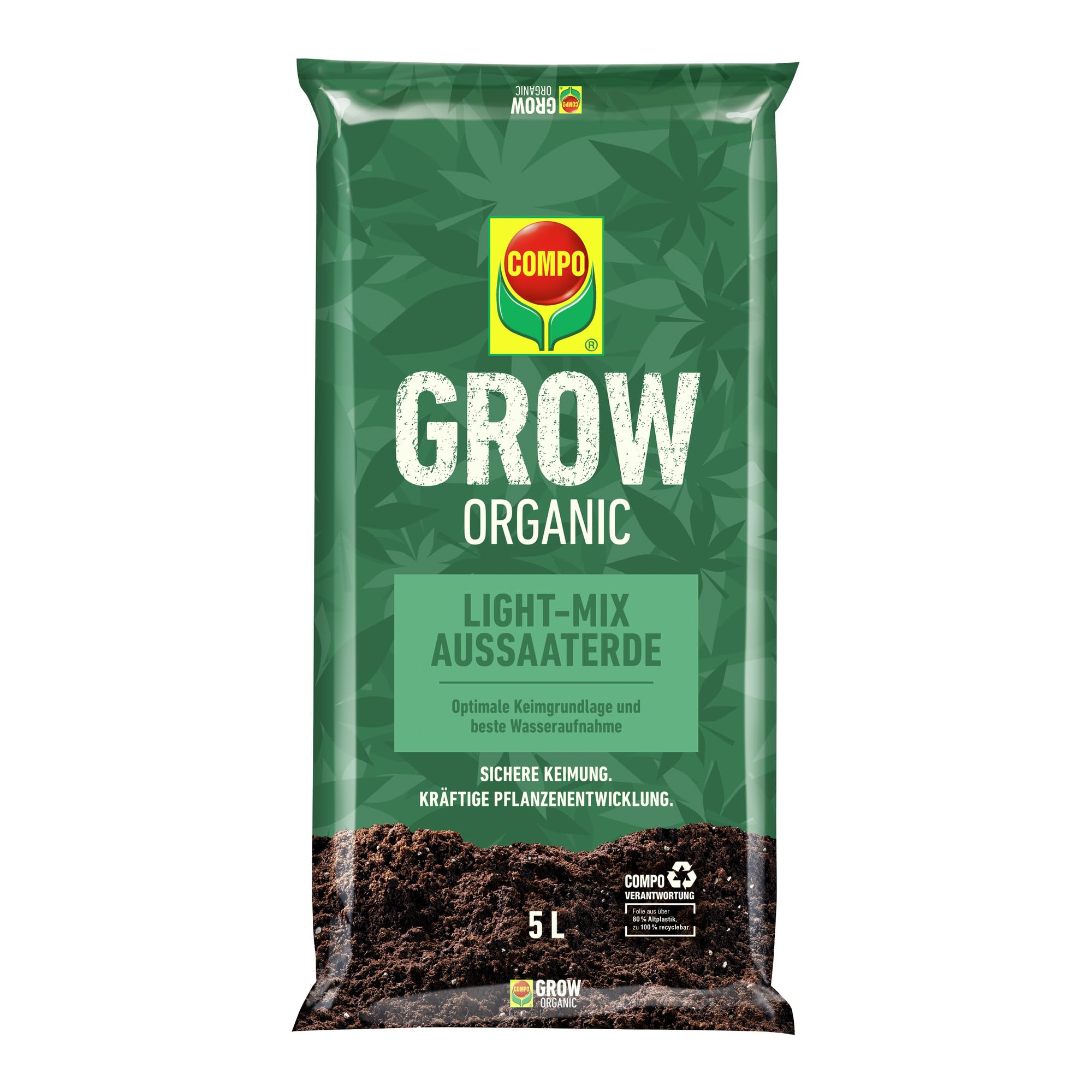 COMPO GROW ORGANIC Aussaaterde 5L - Light Mix Substrat - Erde zur Aussaat  von Spezialkulturen Indoor & Outdoor - 5 Liter, Braun