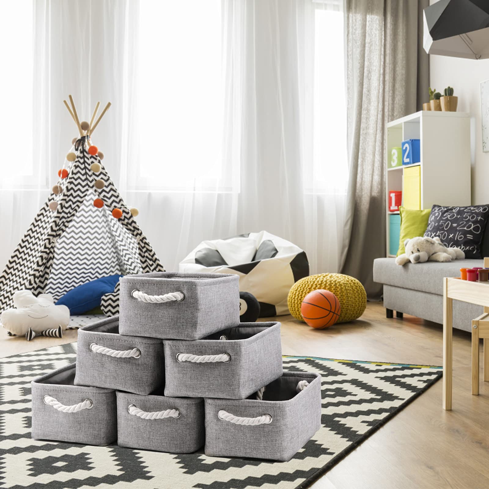 Kleine Körbe für Regale (6er-Pack) Stoff-Aufbewahrungskörbe, leere Geschenkkörbe mit Seilgriffen, faltbare Aufbewahrungskörbe für die Organisation von Heimschrank und Büro (grau, 30x19.8x13 cm)